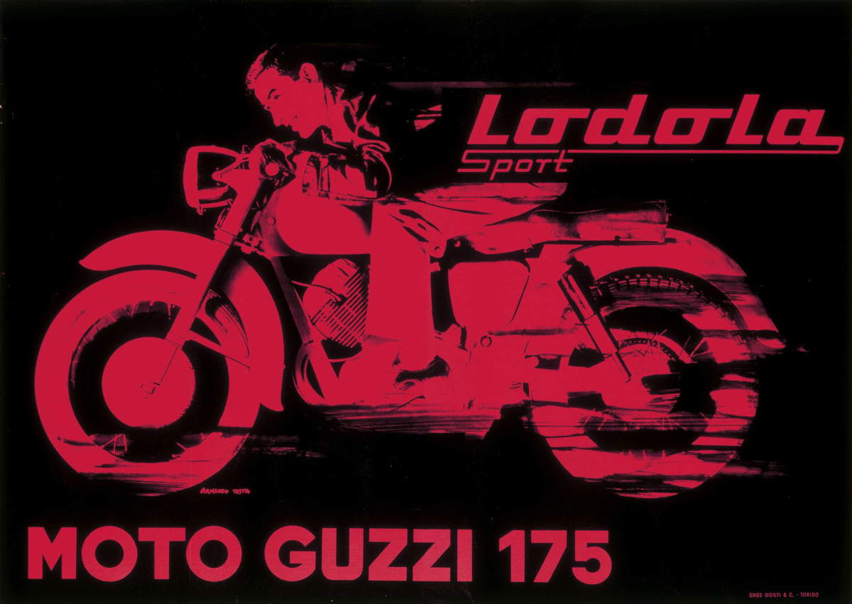 Moto Guzzi 175 (1954; Siebdruck auf Papier, aufgezogen auf Leinwand und Rahmen, 100 x 140 cm). Mit freundlicher Genehmigung von Gemma De Angelis Testa und TestaperTesta. Bildnachweis: Scan vom Original-Farbfoto, &copy; Testa per Testa