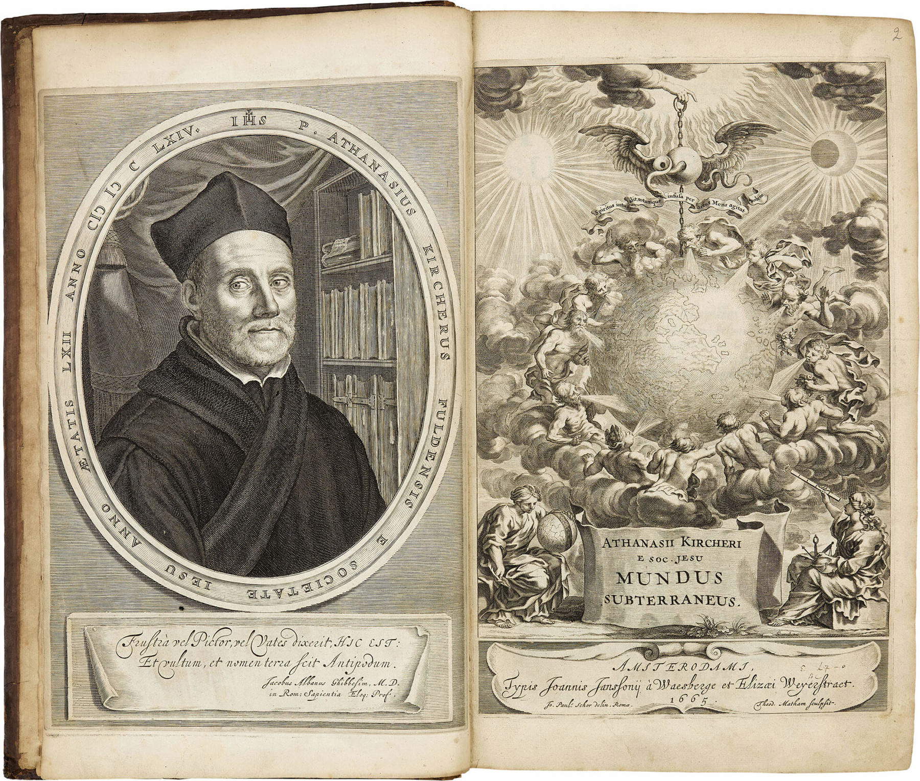Athanasius Kircher, *Mundus subterraneus* by Athanasius Kircher and the Society of Jesus, compiled into 12 books; in which the divine workmanship of the subterranean world and the marvelous distribution of nature’s workshops therein are described&hellip;, Amsterdam, published by Johannes Janssonius and Elizeus Weyerstraten, 1664–1665. Opening of the work: title page and chalcographic portrait of the author