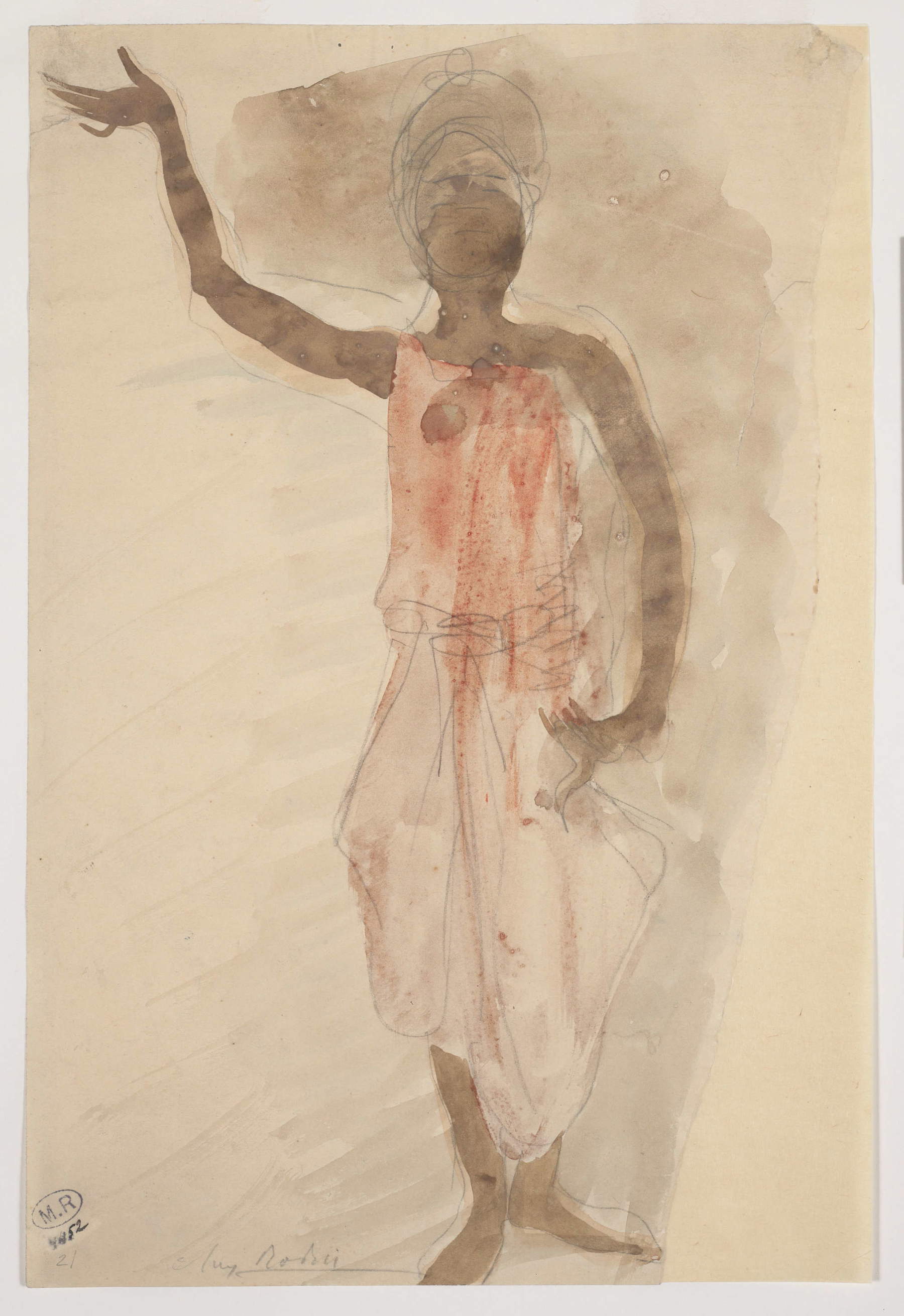 Auguste Rodin, „Kambodschanische Tänzerin von vorne“ (1906; Bleistift, Aquarell und Gouache auf Seidenpapier, 30 x 19,9 cm; Paris, Mus&eacute;e Rodin) &copy; Mus&eacute;e Rodin. Foto: Jean de Calan