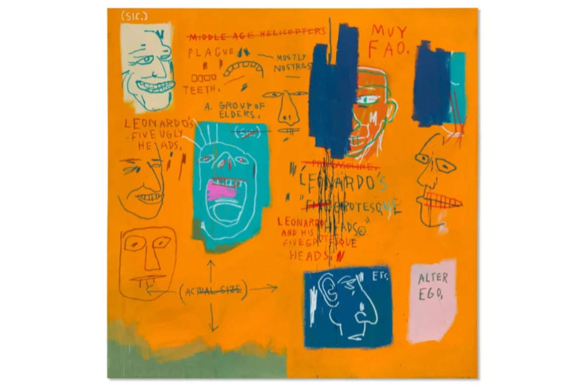 Jean-Michel Basquiat, Sin título (Leonardo y sus cinco cabezas grotescas) (1983; acrílico y pastel al óleo sobre lienzo, 213,4 x 213,4 cm). Estimación: alrededor de 30 millones de dólares