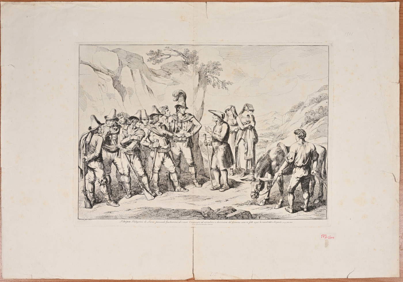 Bartolomeo Pinelli, Archpriest Pellegrini of Sezze Persuades Gasparrone and His Companions to Surrender&hellip; (1825; etching; Rome, Castel Sant&rsquo;Angelo)
