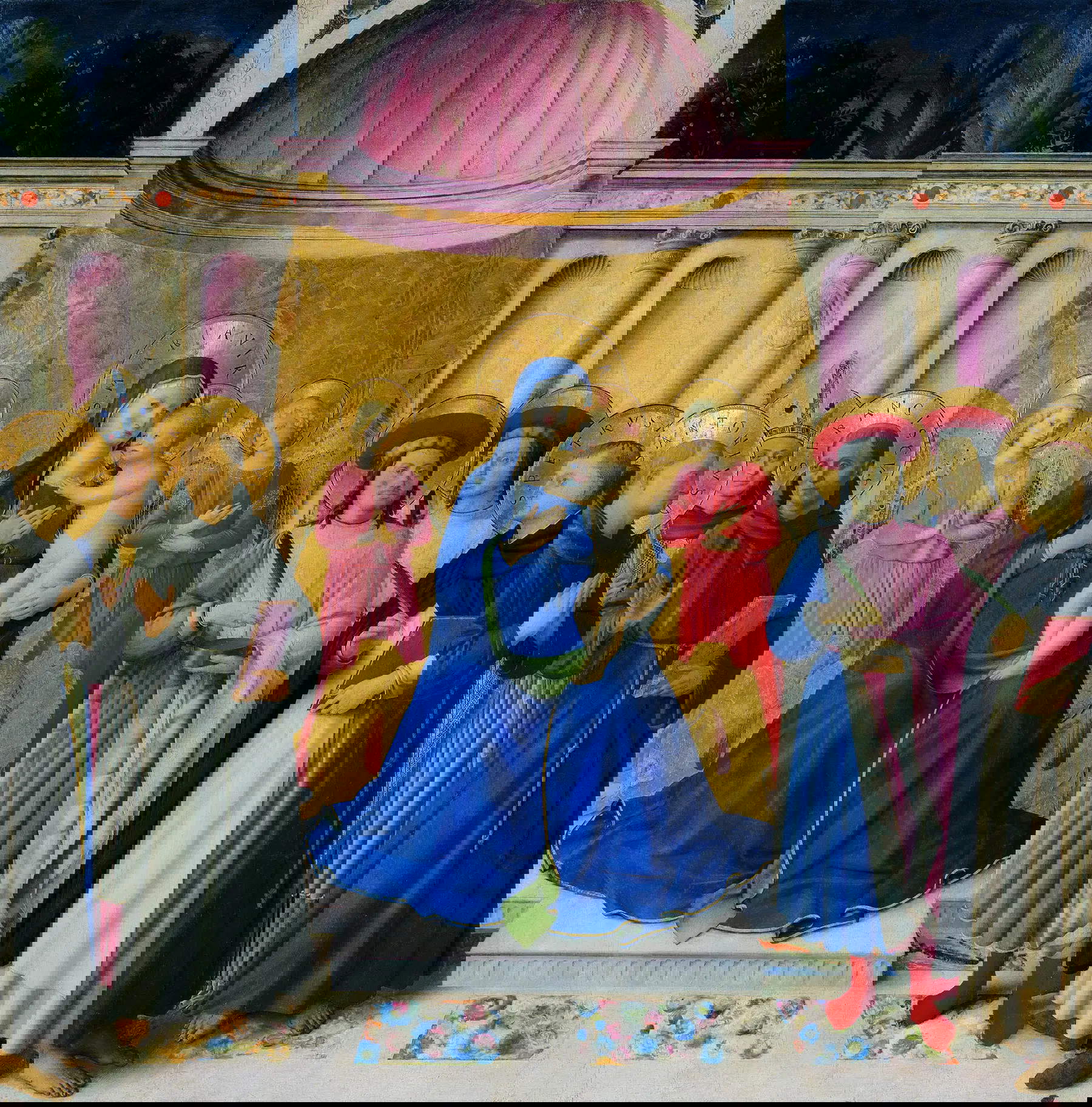 Beato Angelico,&nbsp;Pala di Bosco ai Frati. Tavola principale: Madonna col Bambino in trono, e i santi Antonio di Padova, Ludovico di Tolosa, Francesco d&rsquo;Assisi, Cosma, Damian e Pietro Martire. Predella: Santi Domenico, Bernardino da Siena e Pietro; Cristo in piet&agrave;; Santi Paolo, Girolamo e Benedetto (1450-1452; tempera su tavola, 174 x 174 cm (tavola principale); 26 x 174 cm (predella); Firenze, Museo di San Marco, inv. 1890, nn. 8503, 8507). Foto: Su concessione del Ministero della Cultura - Direzione regionale Musei nazionali Toscana &ndash; Museo di San Marco