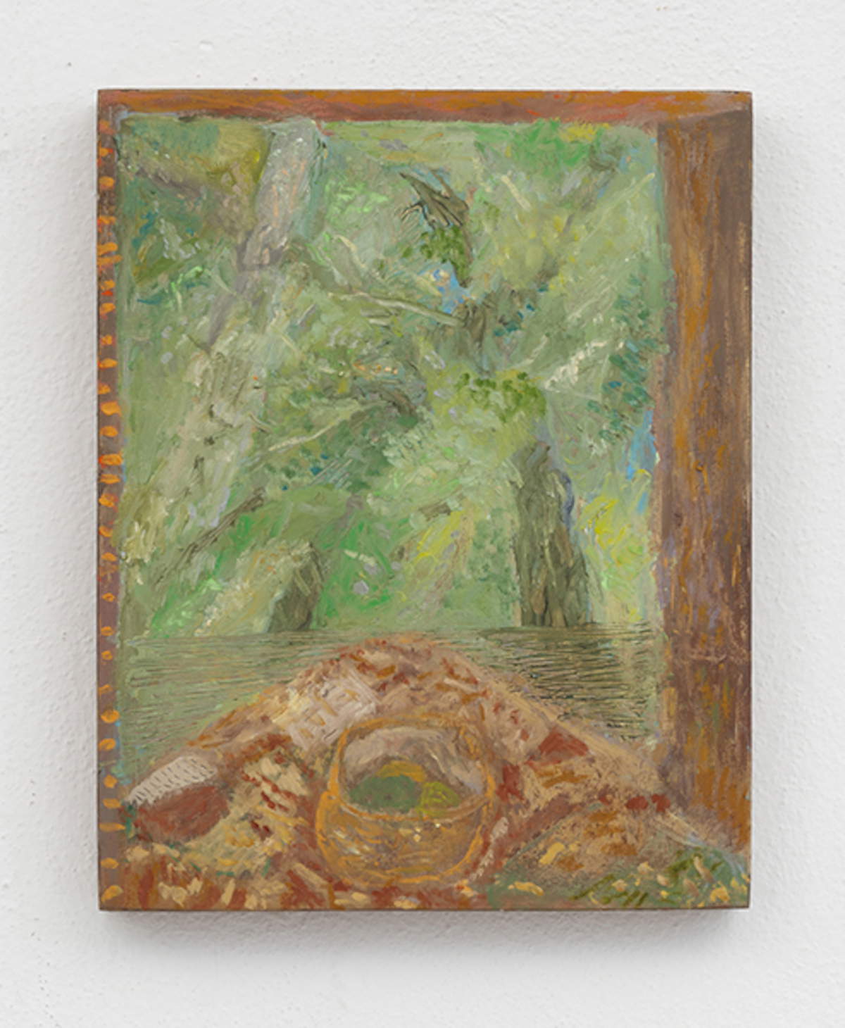 Beatrice Meoni, „Colazione sospesa“ (2026; Öl auf Holz, 25 x 20 x 3 cm)