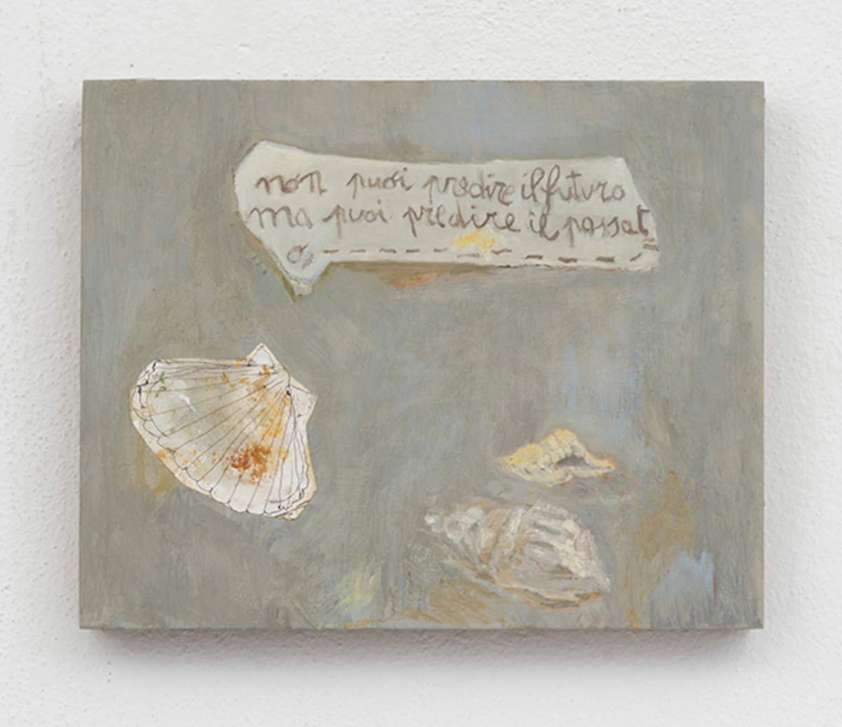 Beatrice Meoni, Die Vergangenheit vorhersagen (2026; Öl auf Holz, 20 x 25 x 3 cm)