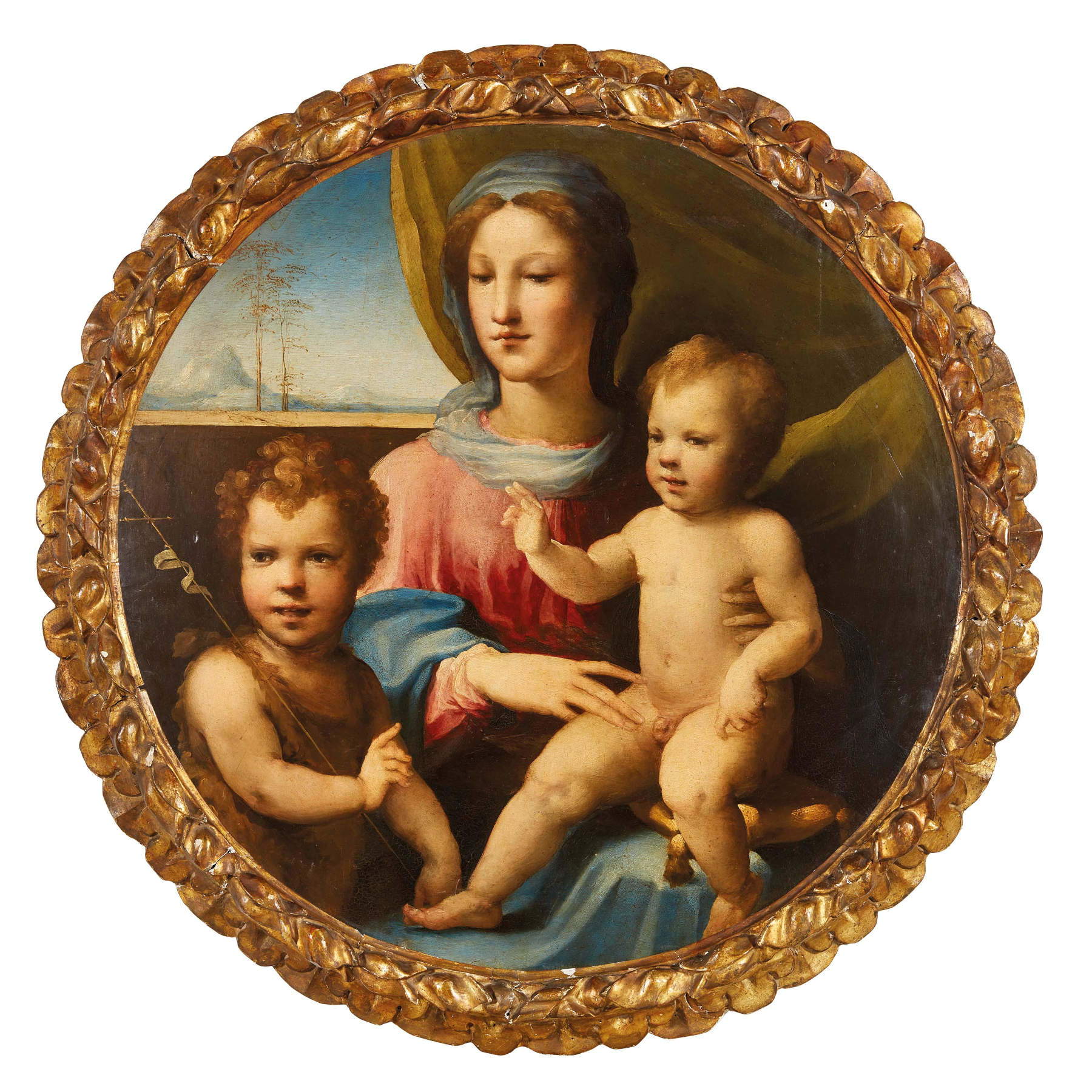 Domenico di Jacopo di Pace, dit Beccafumi, Vierge à l'Enfant et saint Jean-le-Petit (huile sur bois, diam. 81 cm) Estimation : 300 000/500 000 &euro; 