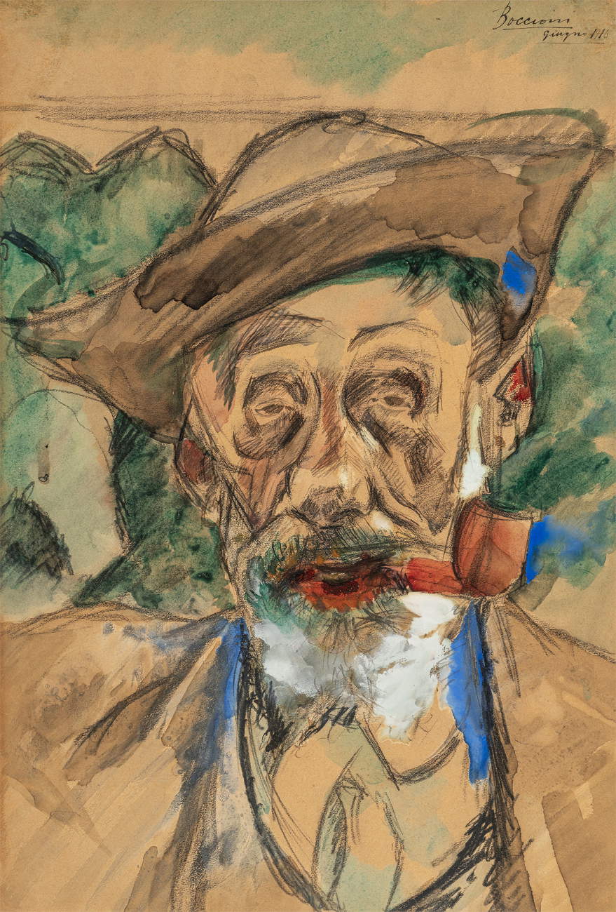 Umberto Boccioni, Portrait of the Sculptor Ripamonti (watercolor, pencil, and pastel on paper, 485 x 325 mm, signed and dated in the upper right: Boccioni / June 1916—various exhibition labels on the reverse). BOTTEGANTICA