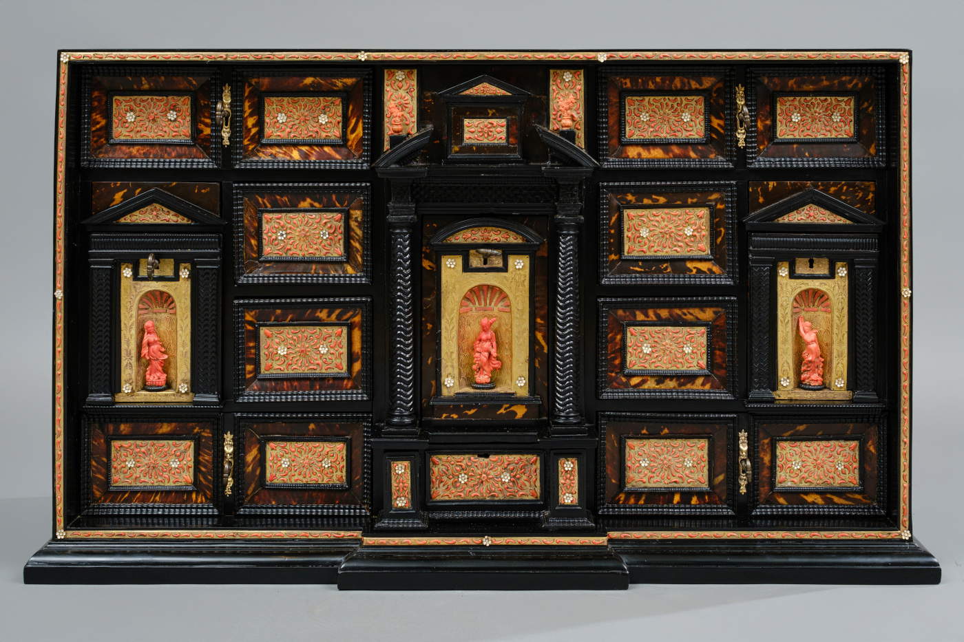 Made in Trapani, Coral Cabinet (second half of the 17th century; wood, tortoiseshell, gilded copper, coral, and enamel; 62.5 x 106.5 x 39 cm). BRUN FINE ART