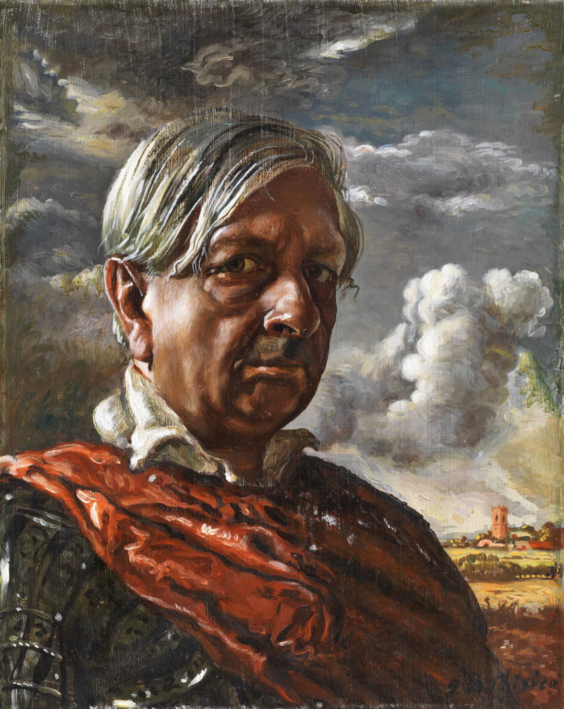 Giorgio de Chirico, Self-Portrait of the Clouds (1948; oil on canvas, 50 x 40 cm; signed “g.de Chirico” lower right on the reverse: Signature, title, and date inscribed: “Beautiful self-portrait by G. de Chirico,” Renato Tassi Notarized declaration of authenticity, with stamps, bearing reference number 36300). GIAN ENZO SPERONE