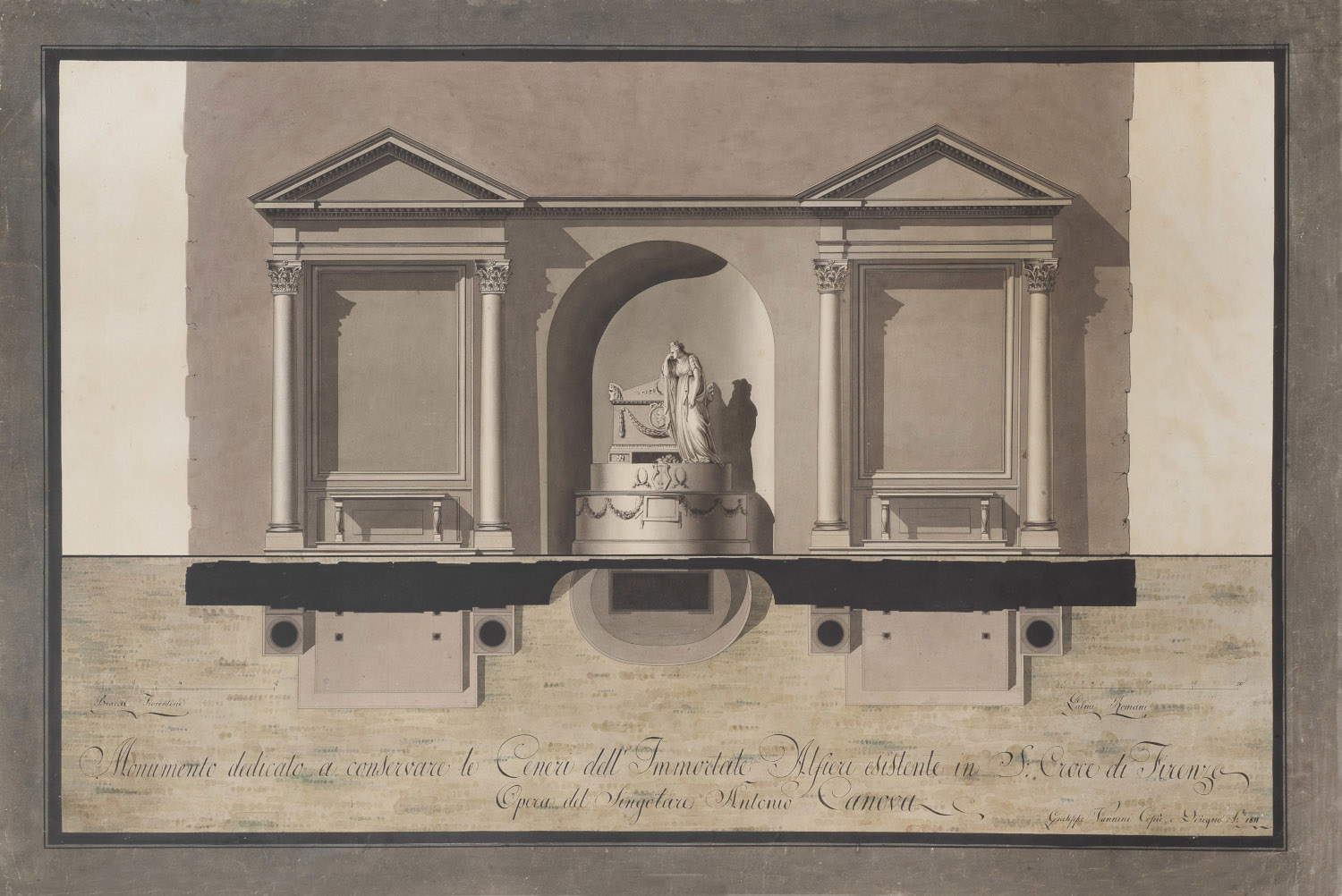 Giuseppe Vannini, Monument to Vittorio Alfieri by Antonio Canova in the Basilica of Santa Croce in Florence (pencil, pen and ink, and watercolors on paper, 645 x 960 mm – Florence, 1811 – Signed and dated lower right: &ldquo;Giuseppe Vannini Copied and Drew in 1811&rdquo; Inscribed at the bottom center: &ldquo;Monument dedicated to preserving the ashes of the immortal Alfieri, located in Santa Croce in Florence / Work by the singular Antonio Canova&rdquo; It bears a double scale of measurement in Florentine braccia and Roman palms). ALESSANDRA DI CASTRO