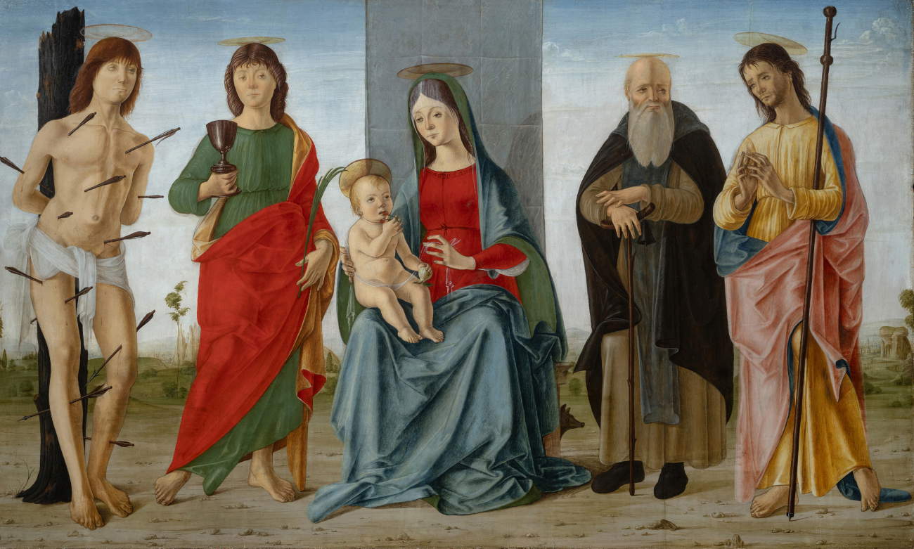 Lorenzo Costa, *The Madonna and Child with Saints John the Evangelist, Anthony the Abbot, Sebastian, and James* (tempera on wood, 101 x 163 cm). FONDANTICO by Tiziana Sassoli