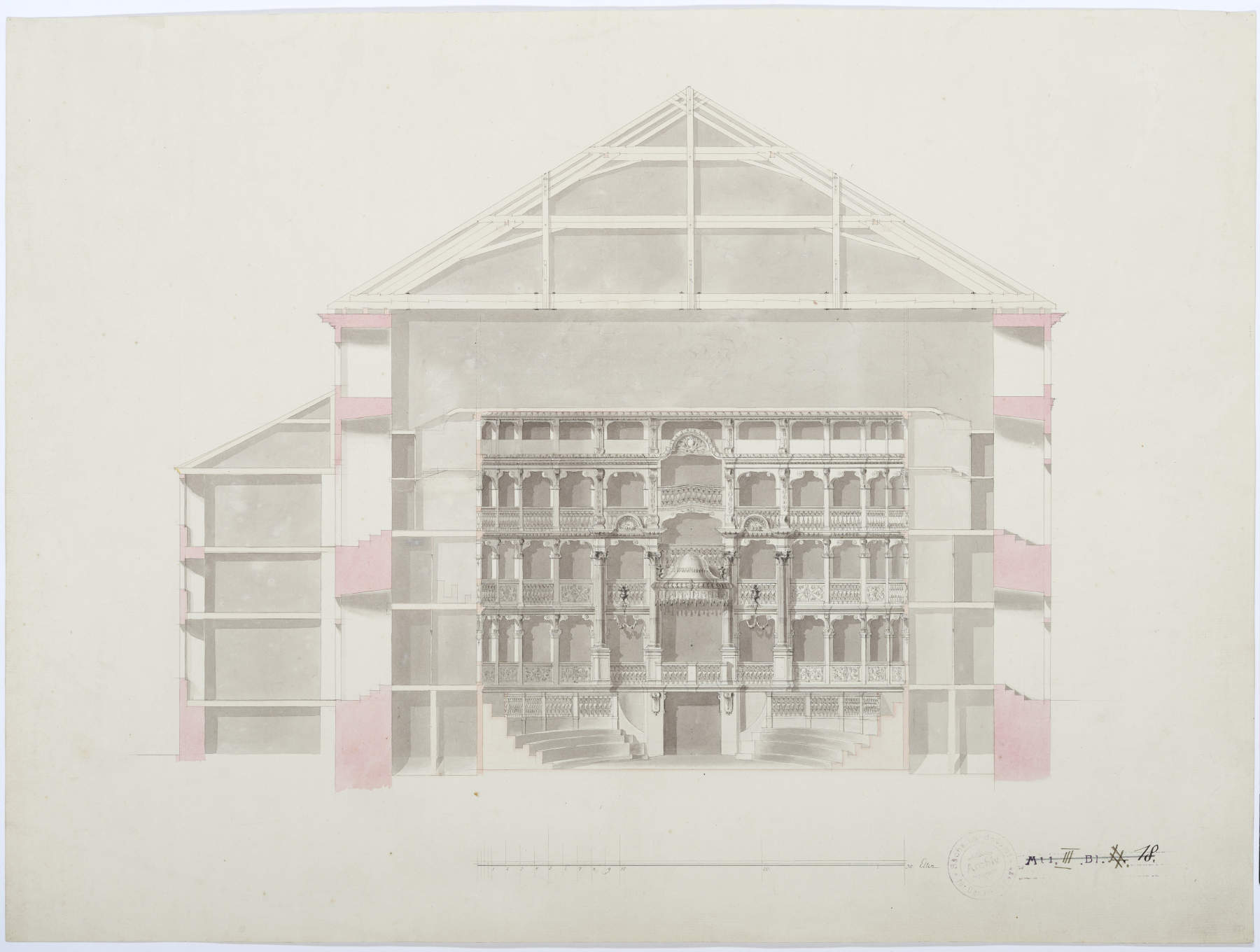 Giuseppe Galli Bibiena (Parma, 1695&ndash;1757, Berlín) y un dibujante anónimo de la Oficina Superior de Obras Públicas del elector de Sajonia - Dresde, Gran Teatro de la Ópera en el Zwinger, planos de ejecución, sección con vista a las galerías del público, probablemente 1761. &copy; Landesamt f&uuml;r Denkmalpflege Sachsen. Foto: Sven Pank (Organismo regional para la conservación del patrimonio cultural de Sajonia)