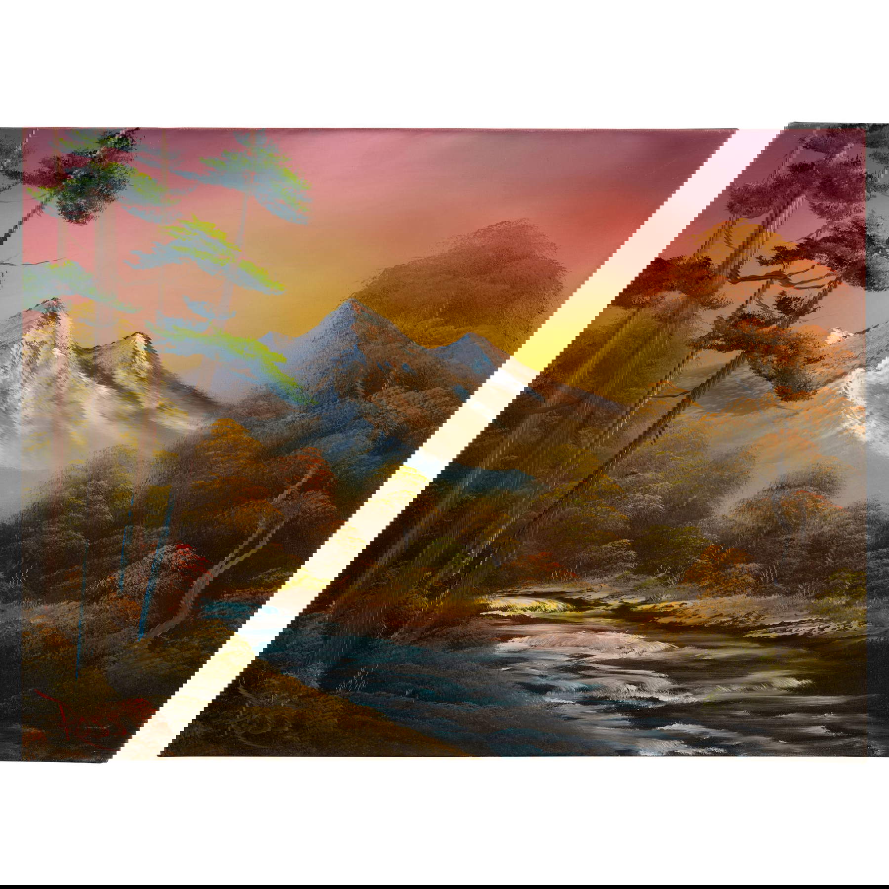 Bob Ross, Cambio de estación (1990; Técnica húmedo sobre húmedo de Bob Ross sobre lienzo, 45,7 x 61 cm) vendido por 787.900 dólares (unos 658.515 euros). Foto: &copy; Bonhams Skinner