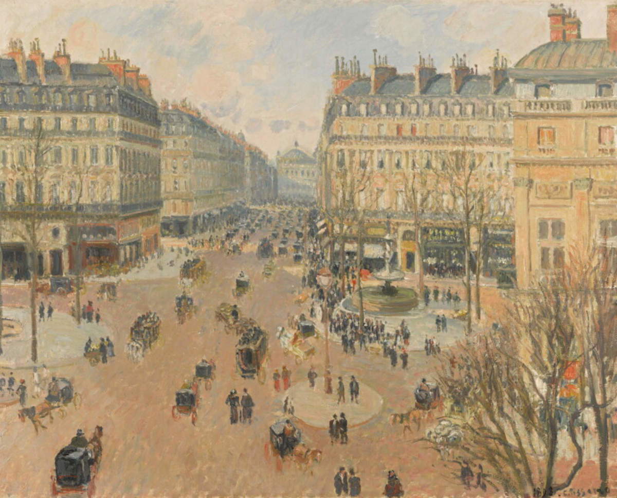 Camille Pissarro, *La Place du Th&eacute;&acirc;tre-Fran&ccedil;ais et l&rsquo;avenue de l&rsquo;Op&eacute;ra, soleil d&rsquo;apr&egrave;s-midi en hiver* (1898; oil on canvas, 74.4 &times; 92.5 cm; signed C. Pissarro and dated 1898 (lower right)) Photo: Sotheby&rsquo;s