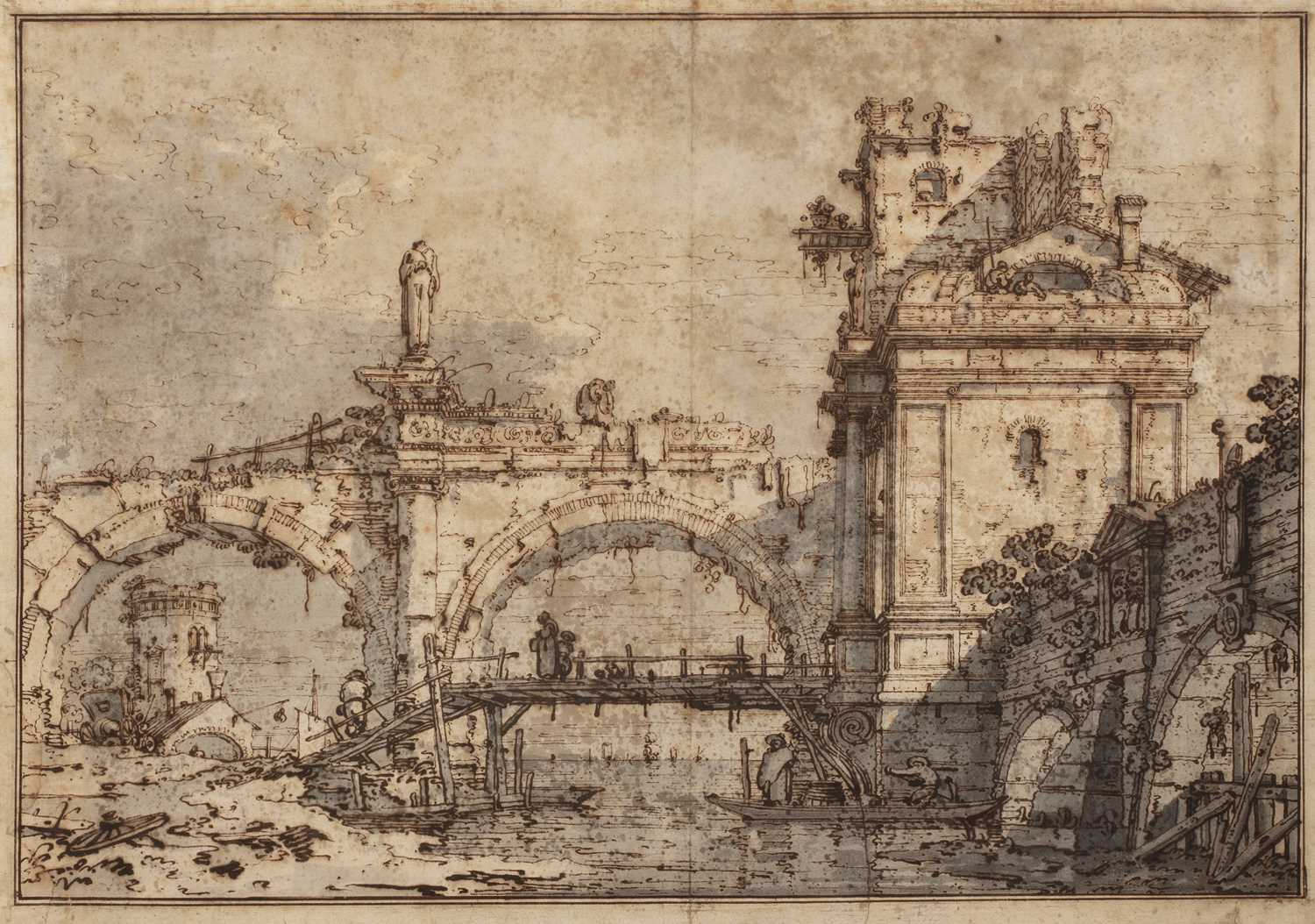 Canaletto, *Capriccio with a Portico and a Ruined Pavilion* (pen and brown ink, light gray watercolor, double black outline on Italian paper, circular watermark with an image, 370 x 533 mm)