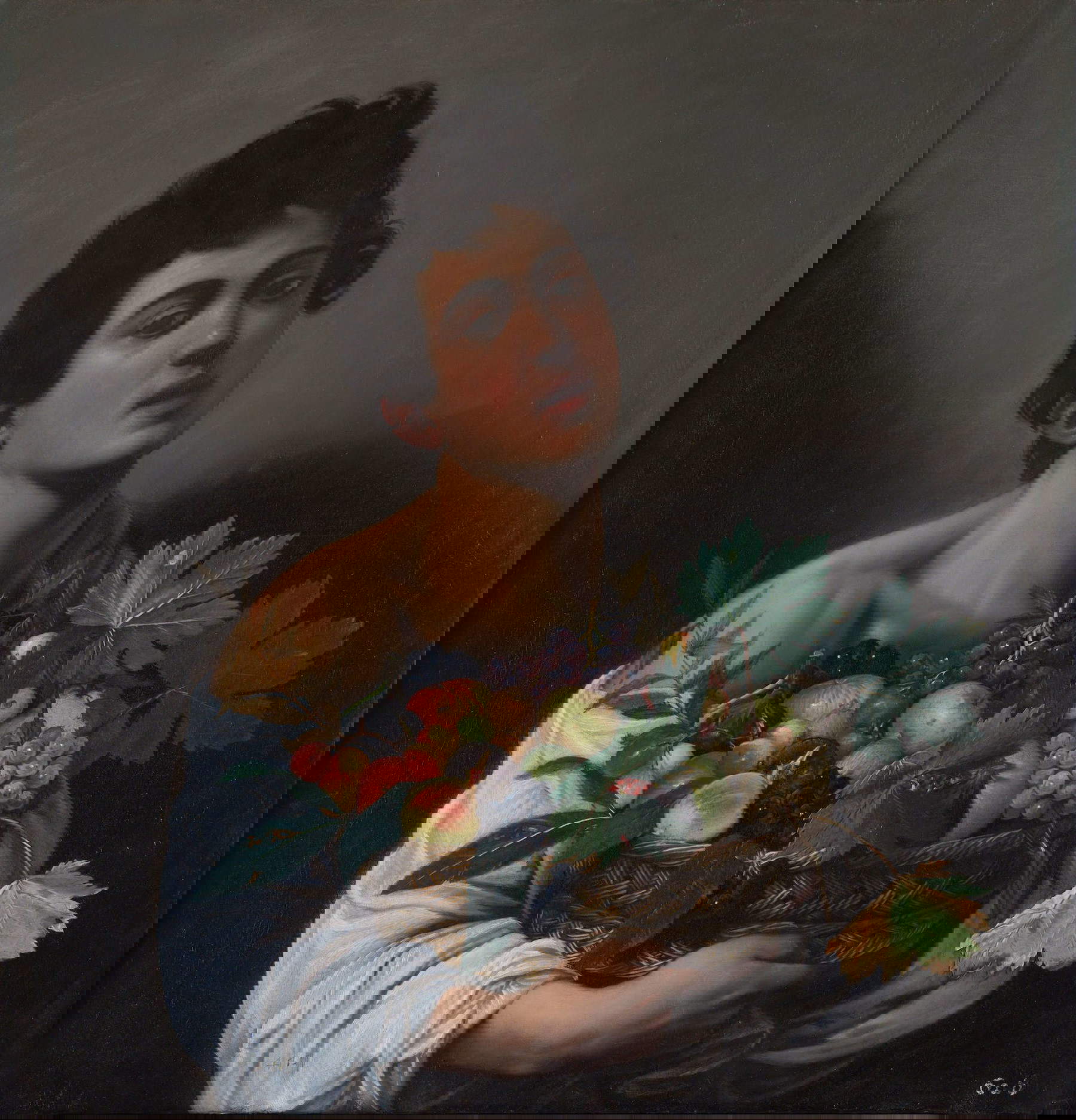 Caravaggio, Young Man with Basket of Fruit (c. 1595; oil on canvas, 70 x 67 cm; Rome, Galleria Borghese)