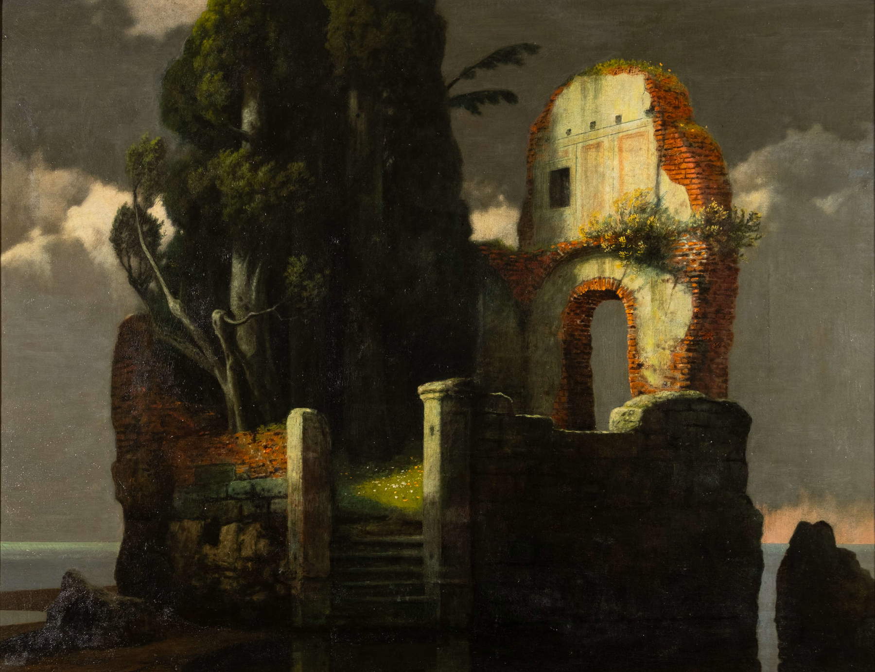 Carlo B&ouml;cklin, Insel mit Bäumen und Ruinen (Öl auf Leinwand, 130 x 105 cm; Privatsammlung)
