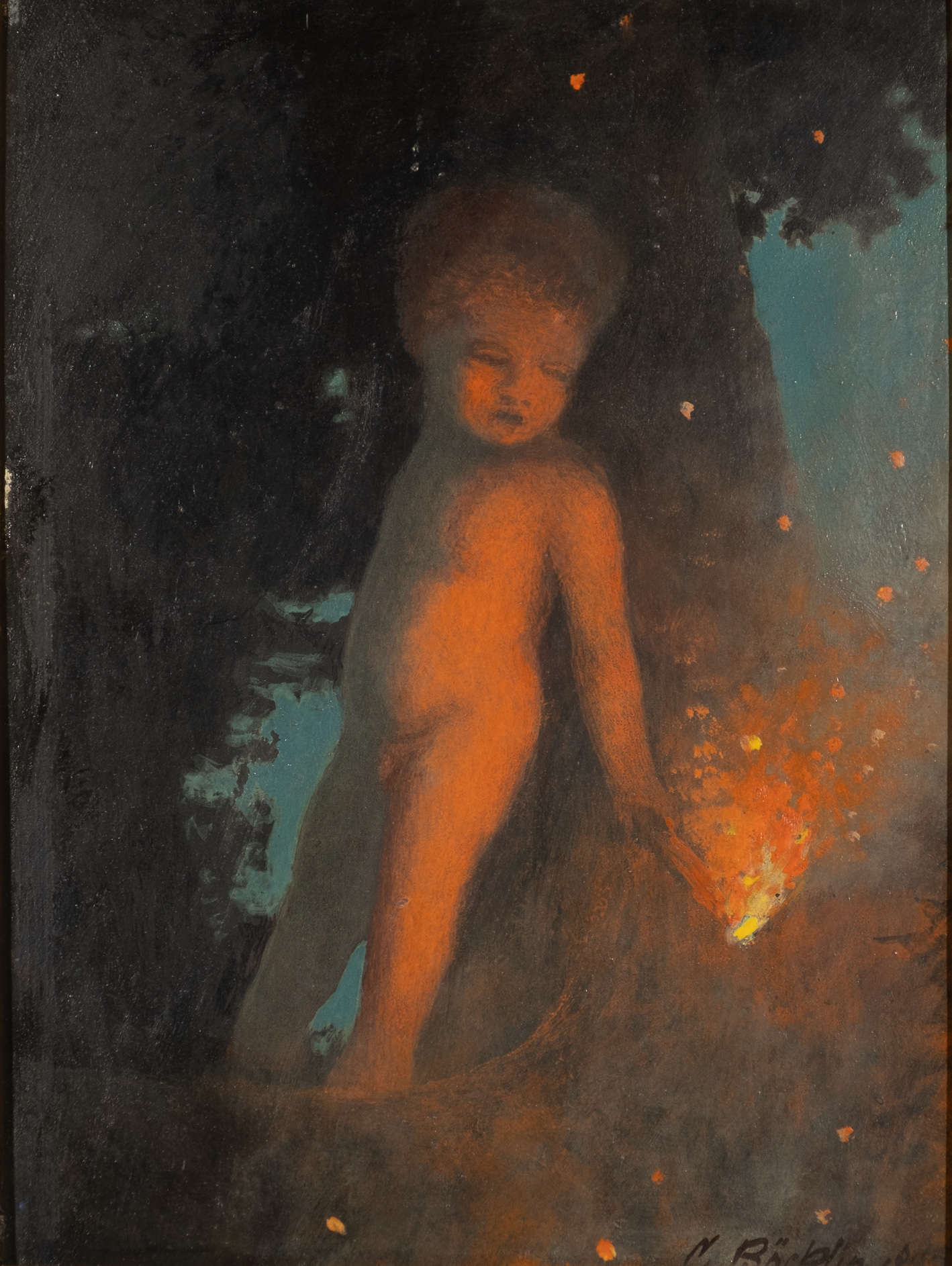 Carlo B&ouml;cklin, Putto mit Fackel (1897; Öl auf Holz, 24 x 32,5 cm; Sammlung Arnoldo Boecklin)