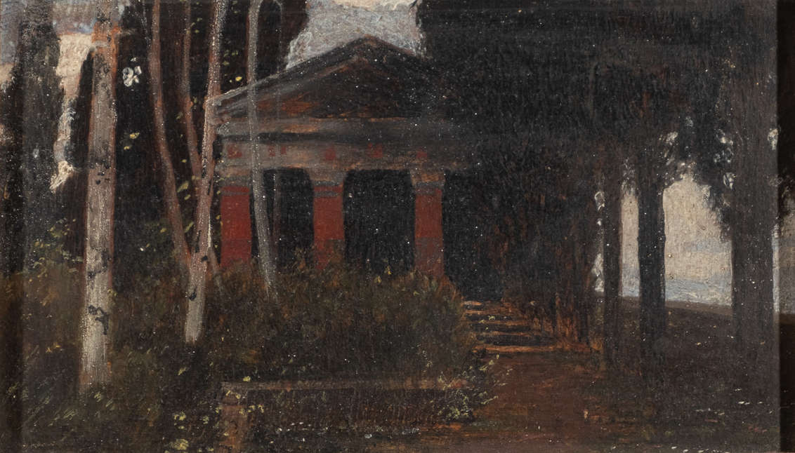 Carlo B&ouml;cklin, Griechischer Tempel (Öl auf Holz, 17,5 x 11,8 cm; Sammlung Arnoldo Boecklin)
