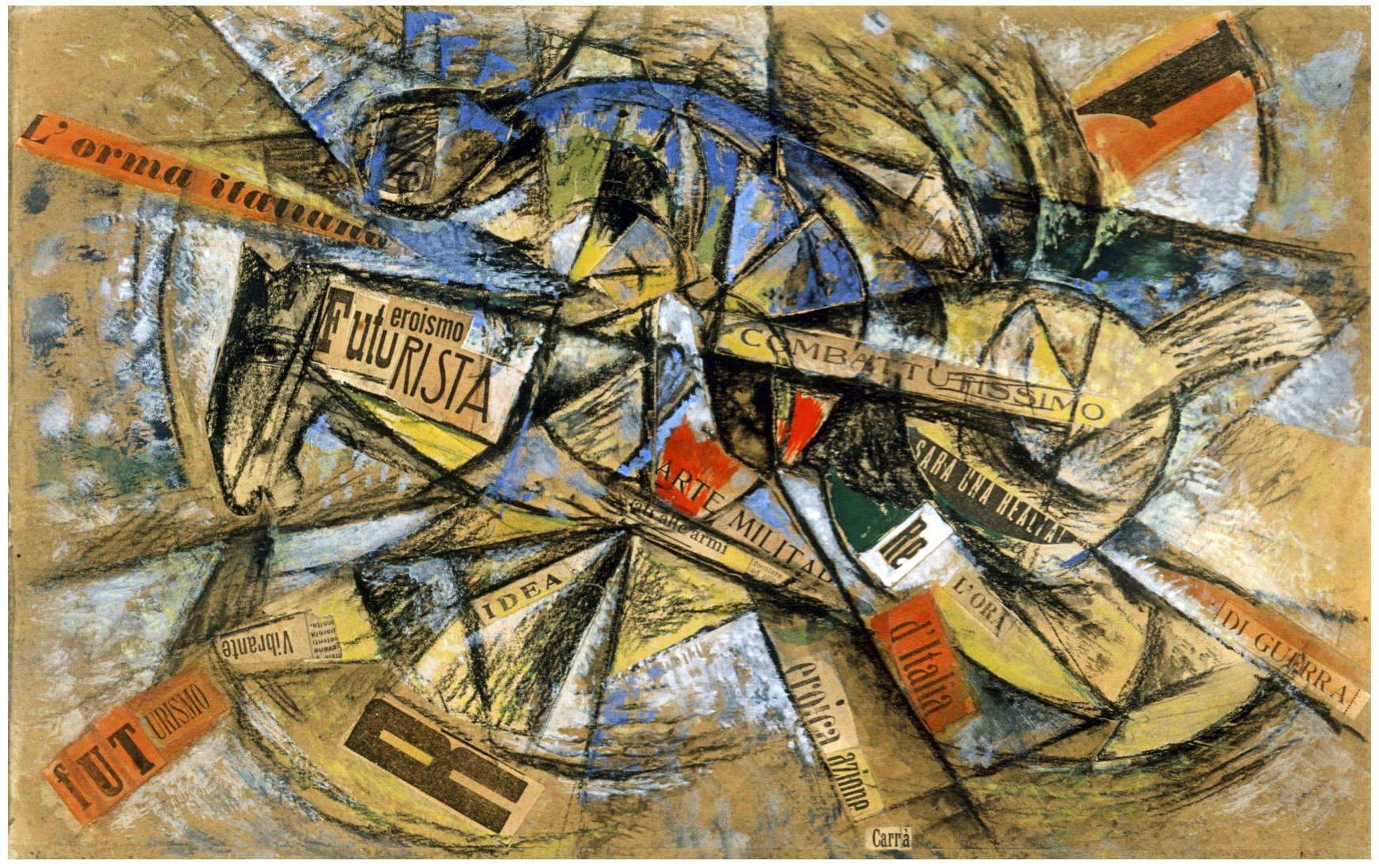 Carlo Carr&agrave;, Pferd und Reiter (1915; Collage und Tempera auf Karton, 31 x 48,5 cm, Rom, Sammlung Massimo Carpi)