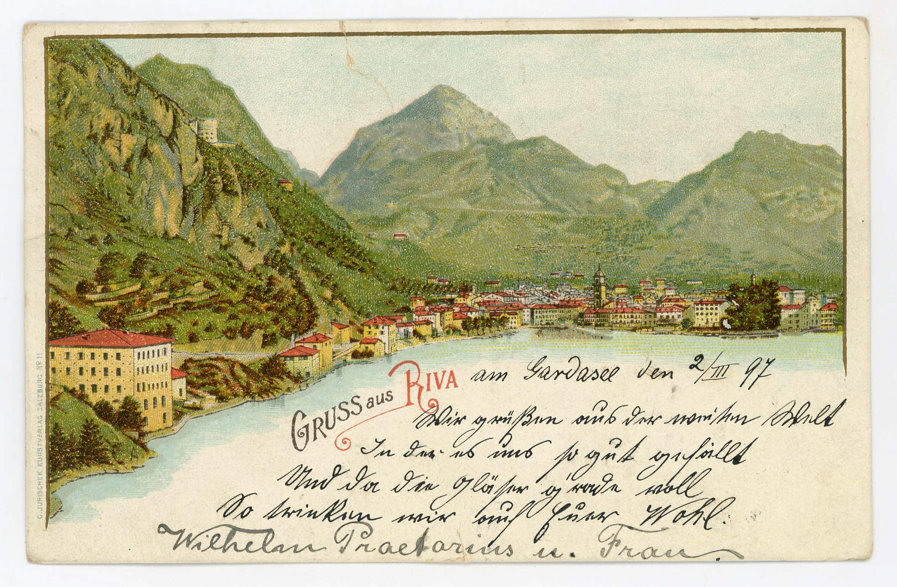 Postal en la que aparece el paseo del lago de Riva del Garda, enviada en 1897, C. Jurischek, Museo Alto Garda