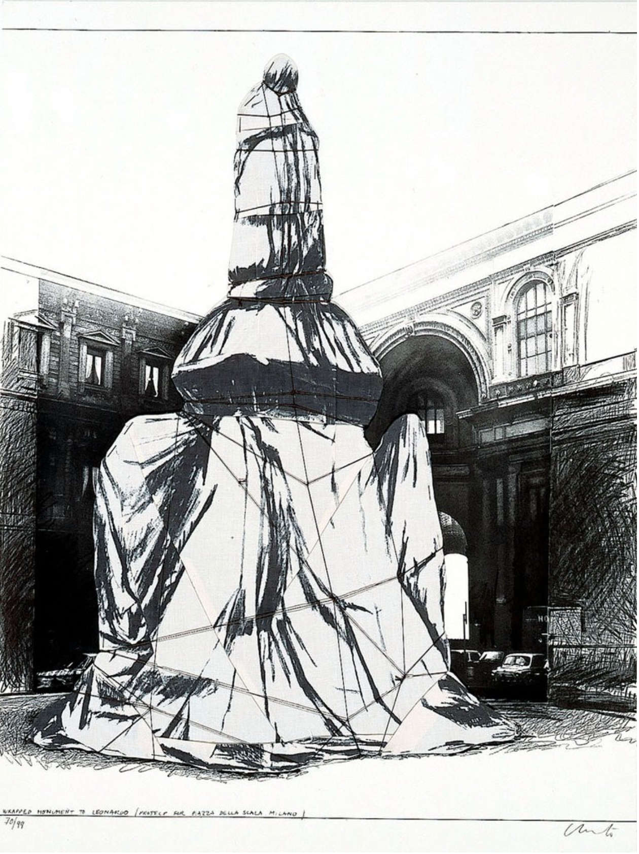 Christo Javacheff, Wrapped Monument to Leonardo (1971; collotype with fabric collage, plexiglass frame, wooden stand, 75 x 56 cm; Leonardo Contini Private Collection)