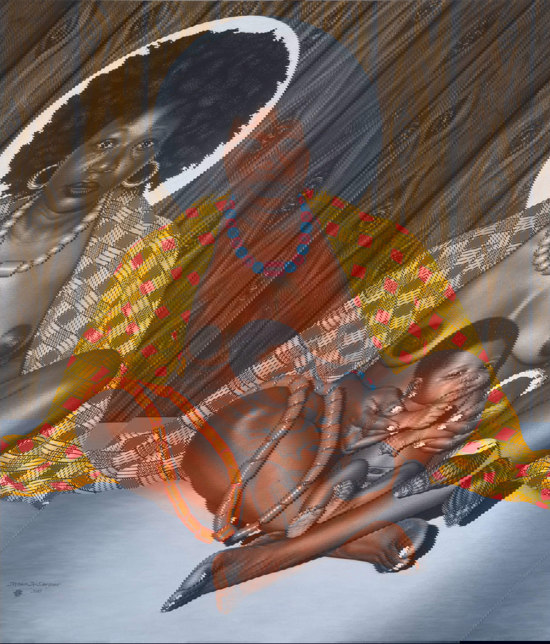 Ifeyinwa Joy Chiamonwu, Omuluzuo and Her Child, Ifeiynwa (2022; sanguine, sepia, cardboard and acrylic paint on canvas, 167 x 142 cm; Giuseppe Iannaccone Collection)