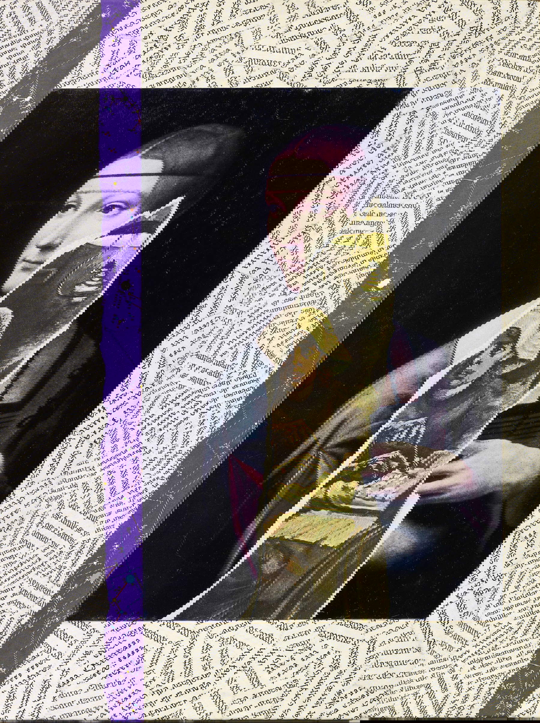 Jiri Kolar, Histoire d'une dame à l'hermine et des mangeurs de pommes de terre (en souvenir d'Alen Divis) (1990; collage on board, 40.2x30.2 cm). Courtesy of Farsettiarte, Prato