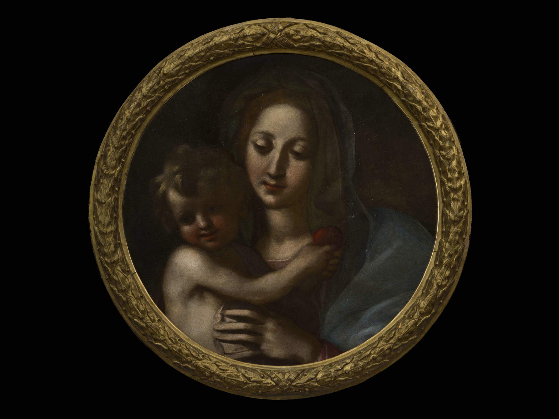 Umkreis von Francesco Curradi, Madonna mit Kind, nach der Restaurierung (17. Jahrhundert; Öl auf Leinwand, Durchmesser 57,5 cm; Florenz, Santa Maria Nuova)