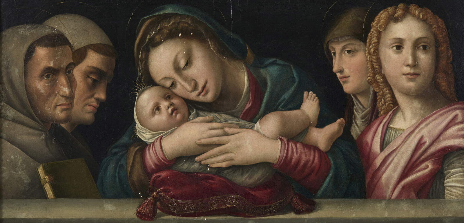 Cerchia di&nbsp;Francesco Bonsignori, Madonna con Bambino e quattro santi (Tempera su tavola, 47&nbsp;x&nbsp;98&nbsp;cm). Foto: Casa d&rsquo;Aste Capitolium Art