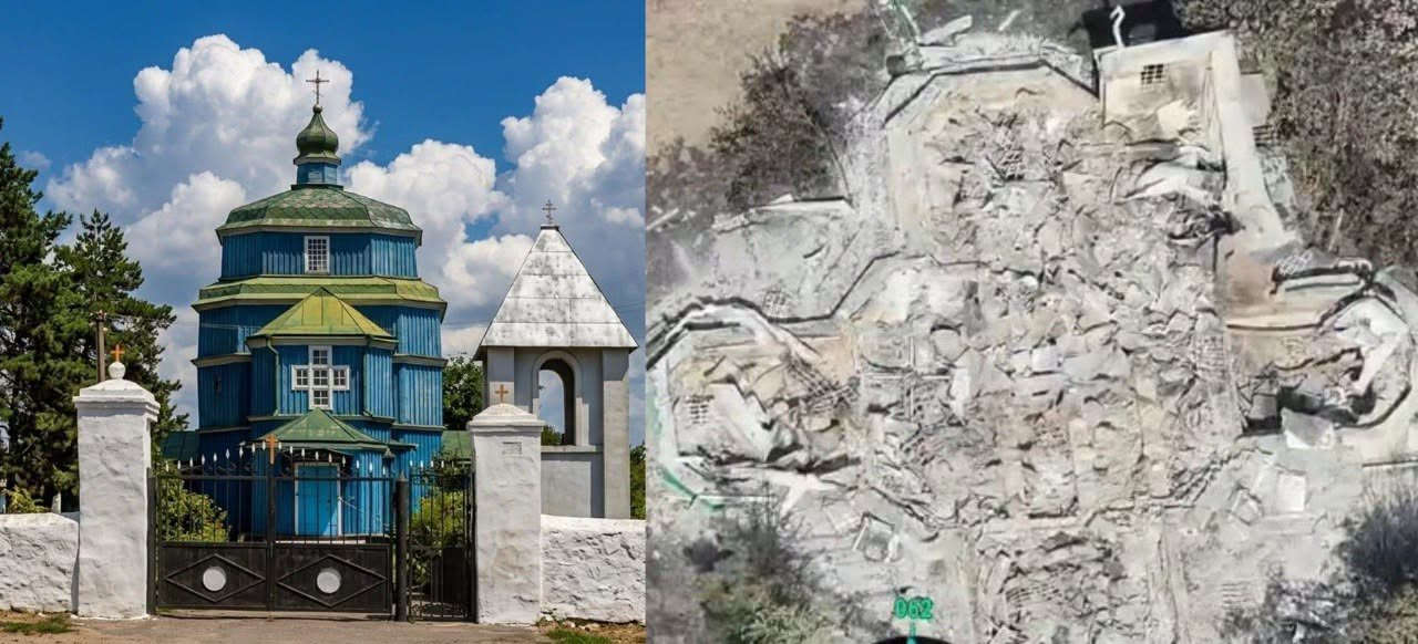 Die Kirche vor und nach der Zerstörung. Foto: Regionalverwaltung von Cherson