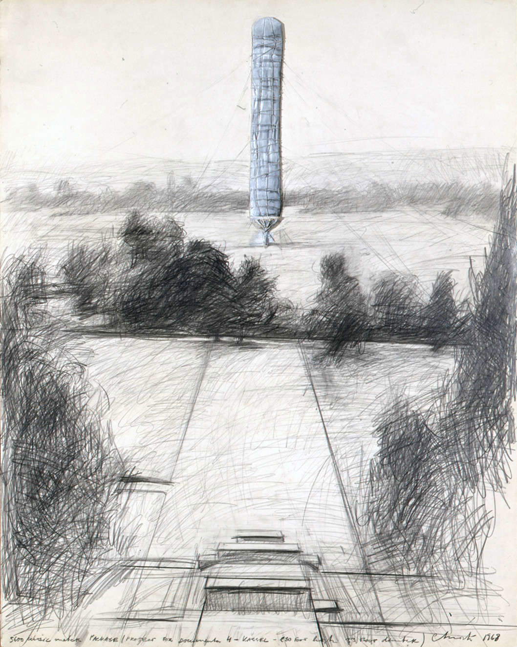 Christo, 5.600 Kubikmeter Paket (Projekt für die documenta IV, Kassel) (1968; Graphit, Wachsmalstifte, Emaille, Karton, Stoff und Faden auf Karton, 71,1 x 55,9 cm) &copy; Christo und Jeanne-Claude Foundation. Foto: Wolfgang Volz. Mit freundlicher Genehmigung der Christo and Jeanne-Claude Foundation und Gagosian