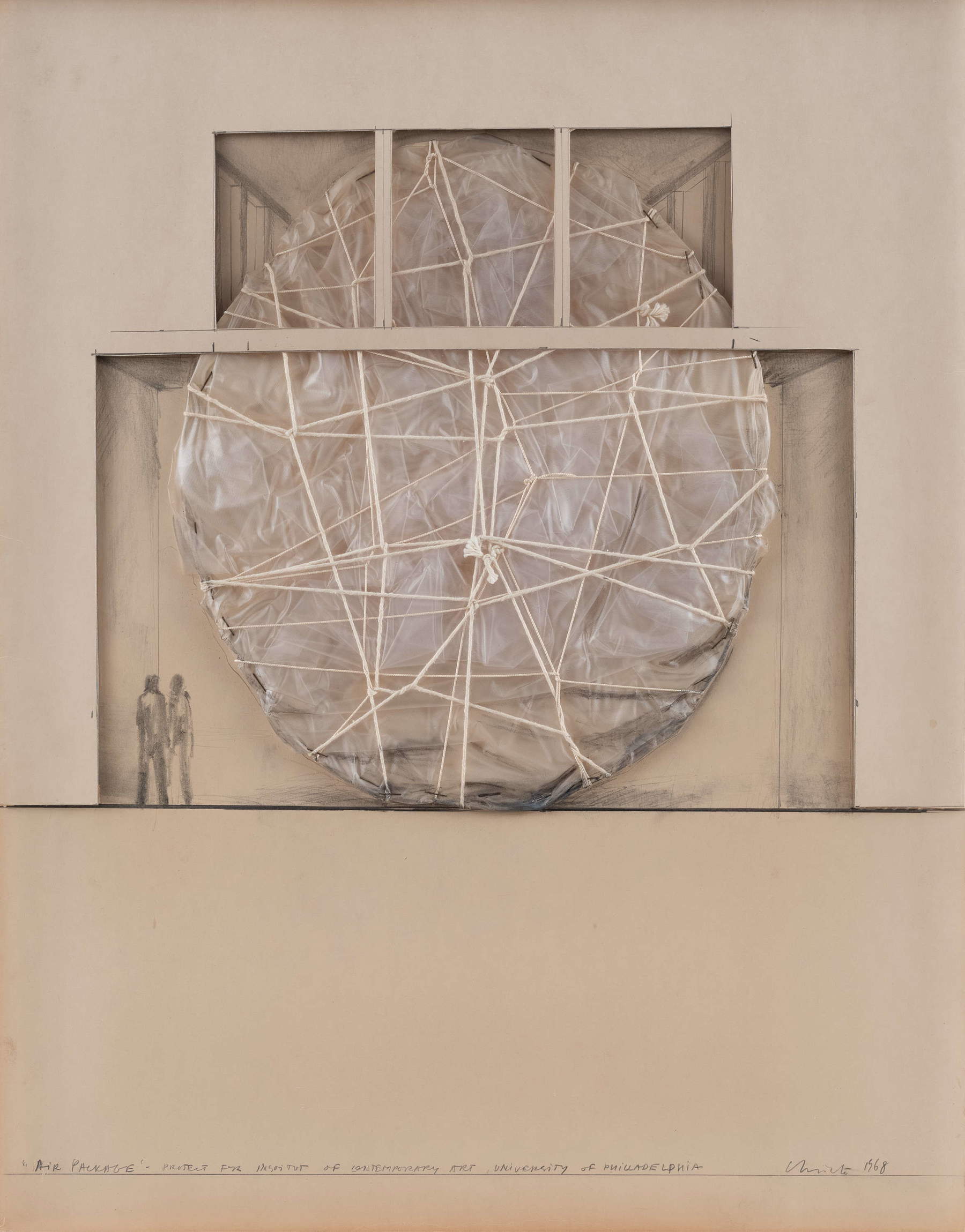 Christo, Air Package (Project for Institute of Contemporary Art, University of Philadelphia) (1968; Graphit, Wachsmalstifte, Karton, strukturiertes Polyethylen, Faden und Heftklammern auf Karton, 71,1 x 55,9 cm) &copy; Christo and Jeanne-Claude Foundation. Foto: Charles Roussel. Mit freundlicher Genehmigung der Christo and Jeanne-Claude Foundation und Gagosian