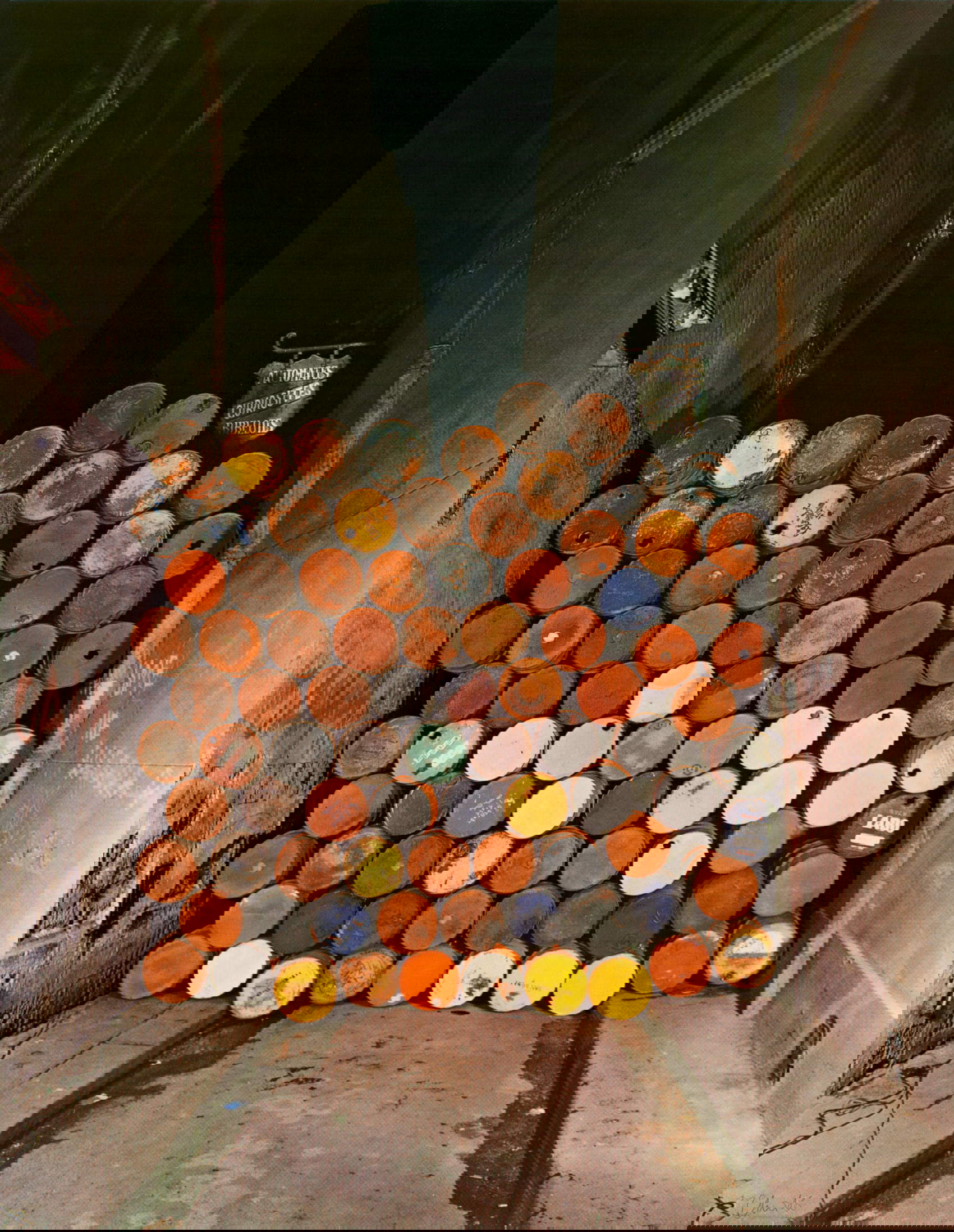 Christo and Jeanne-Claude, Wall of Oil Barrels-The Iron Curtain, Rue Visconti, Paris, 1961-62 (1968 edition; silkscreen print, 70 x 54.2 cm). Property of the Christo and Jeanne-Claude Foundation. Photo: Andr&eacute; Grossmann