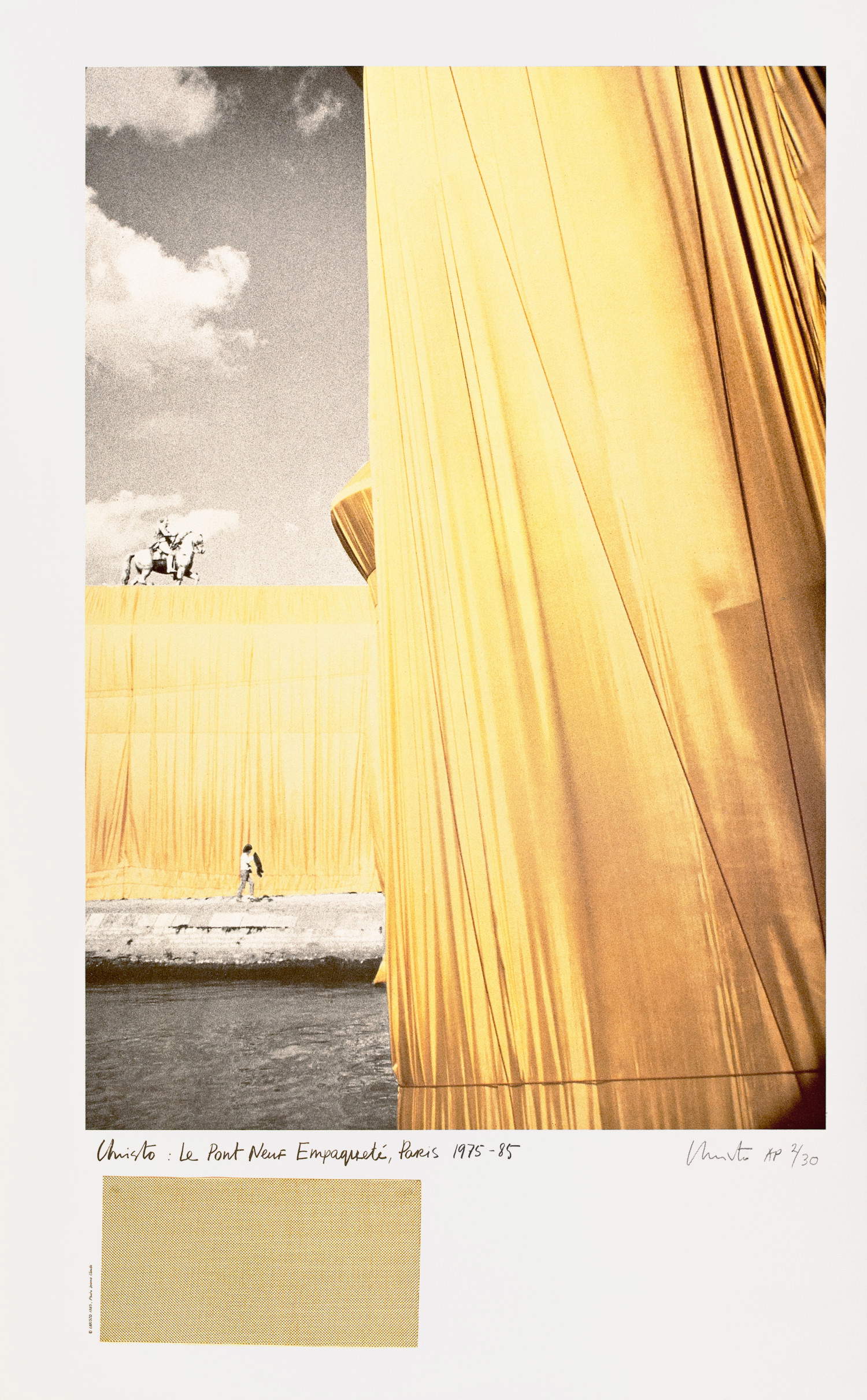 Christo and Jeanne-Claude, Le Pont Neuf Empaquet&eacute;, Paris, 1975-85 (1991 Edition; offset lithograph with collage of woven polypropylene fabric, 102 x 60 cm). Property of the Christo and Jeanne-Claude Foundation. Photo: Andr&eacute; Grossmann &copy; 1991 Christo and Jeanne-Claude Foundation.