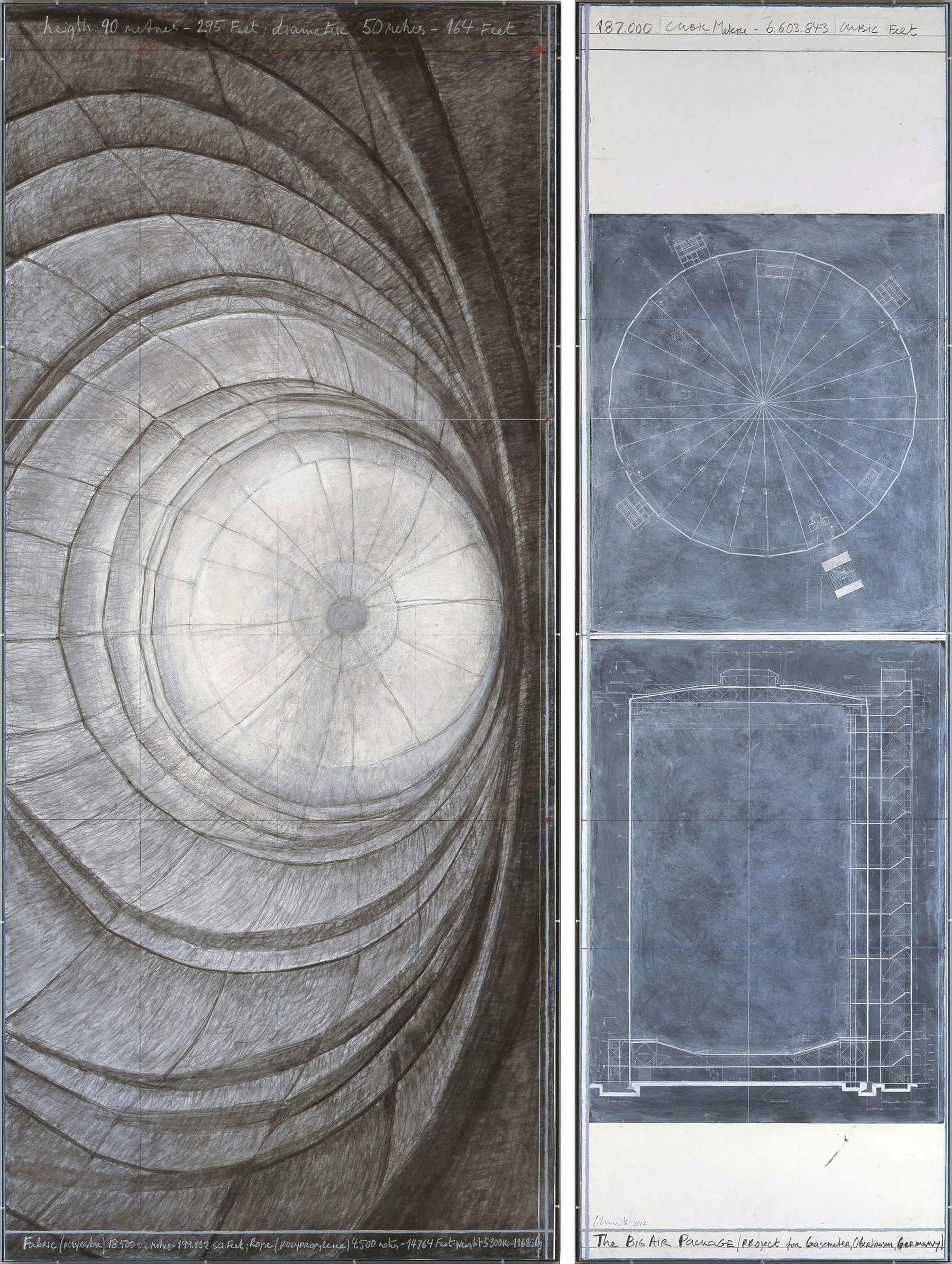 Christo, The Big Air Package (Projekt für Gasometer, Oberhausen, Deutschland) (2012; Graphit, Kohle, Pastell, Wachsmalkreide, Aquarell und Architekturrelief auf Papier, Maße variabel) &copy; Christo and Jeanne-Claude Foundation. Foto: Andr&eacute; Grossman. Mit freundlicher Genehmigung der Christo and Jeanne-Claude Foundation und Gagosian