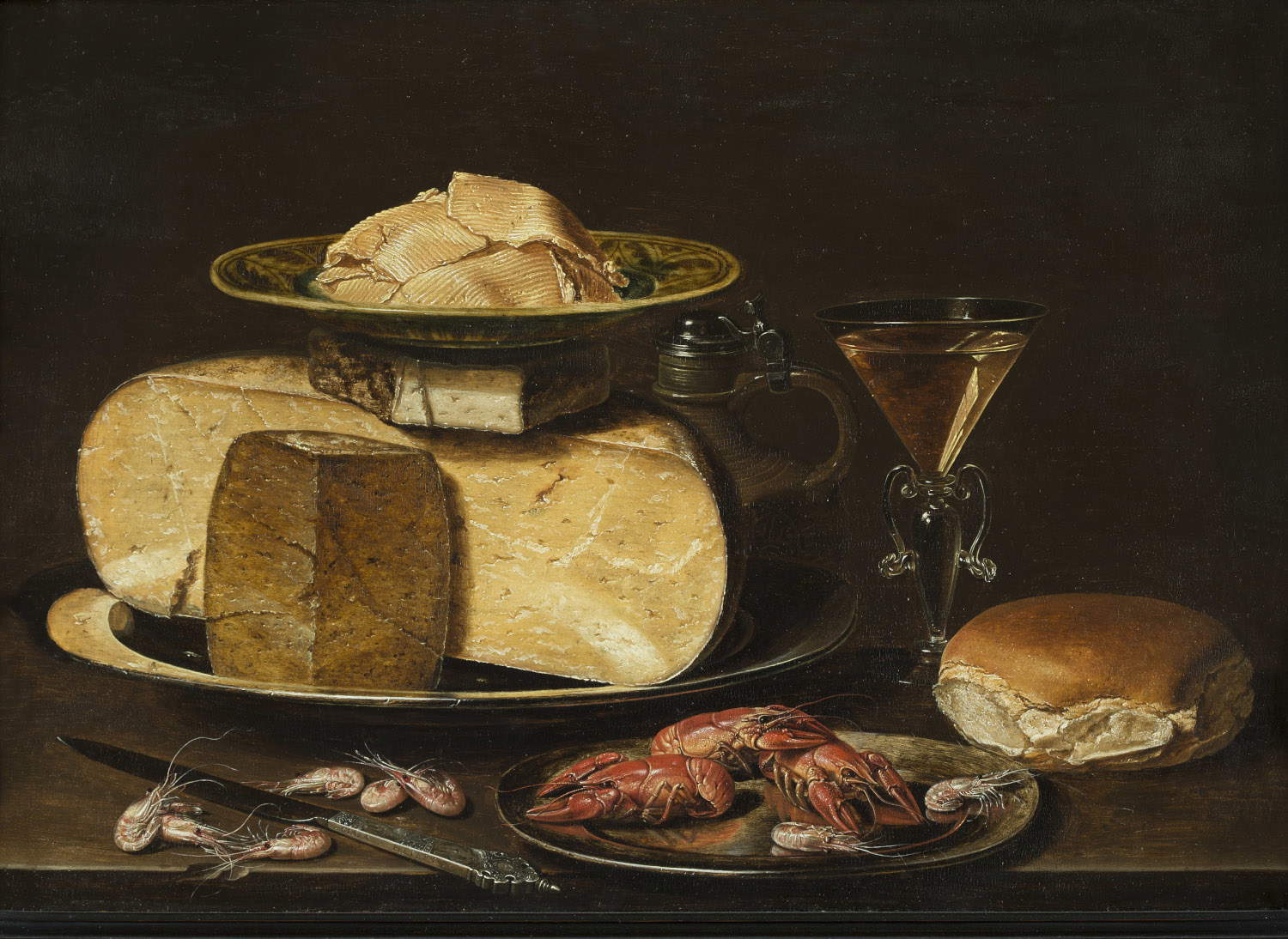 Clara Peeters, Bodegón con queso y gambas, con un autorretrato (c. 1612 - 1621; Colección particular)