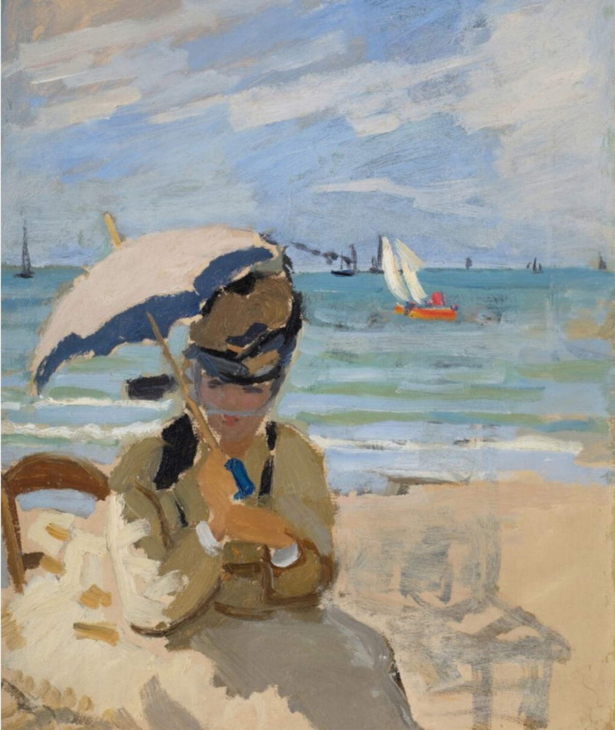 Claude Monet, Camille sitting on the beach at Trouville (1870; oil on canvas, 46.2 x 38.3 cm)