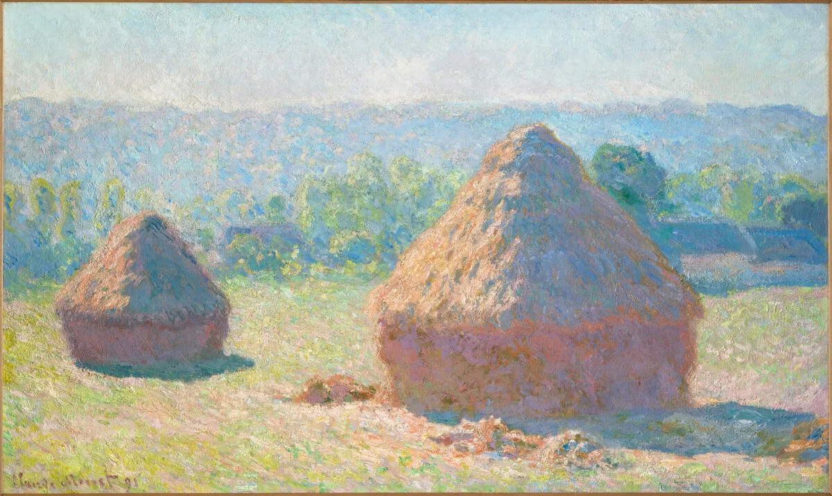 Claude Monet, Haystacks, Late Summer (1891; oil on canvas, 60.5 x 100.8 cm; Paris, Mus&eacute;e d’Orsay, purchased with funds from an anonymous Canadian donation, 1975, RF 1975 3) Photo &copy; Mus&eacute;e d’Orsay, dist. Grand Palais Rmn / Patrice Schmidt