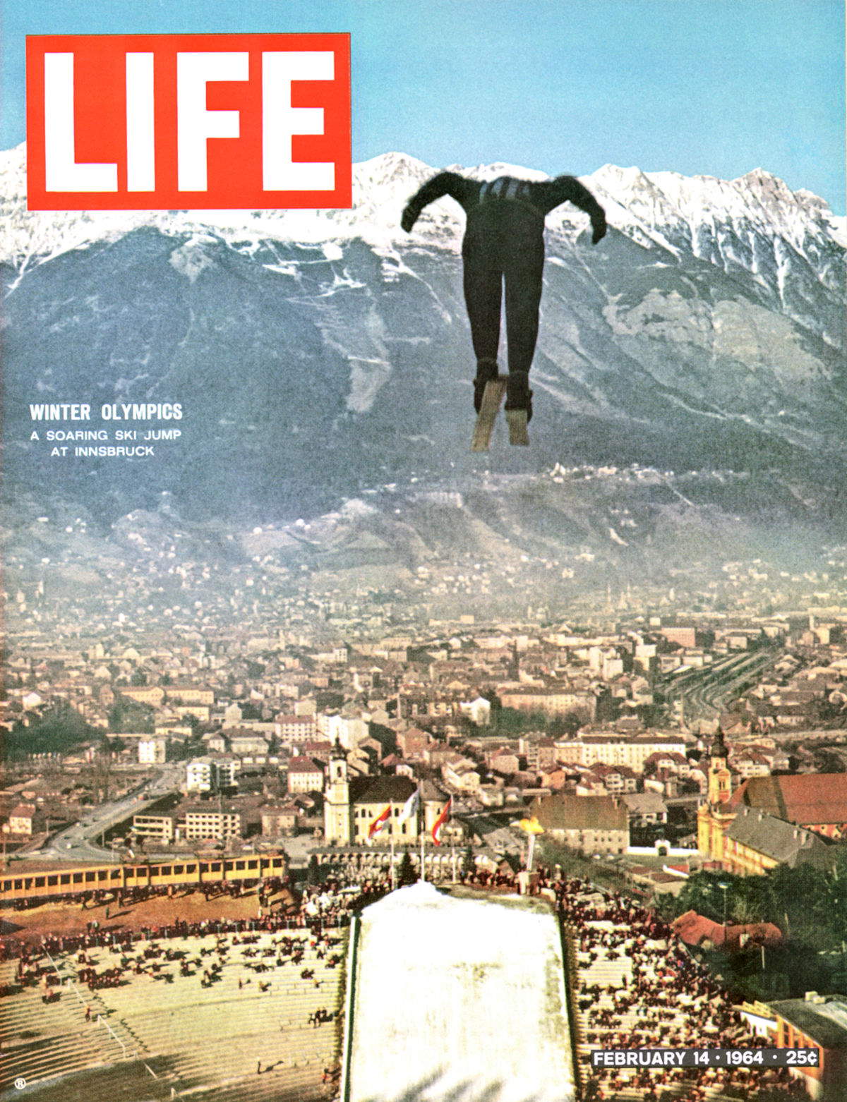 Couverture du magazine Life du 14 février 1964 consacrée au saut à ski aux Jeux olympiques d'hiver. Innsbruck, Autriche. Image de Ralph Crane &copy; 1964. The Picture Collection LLC. Tous droits réservés.