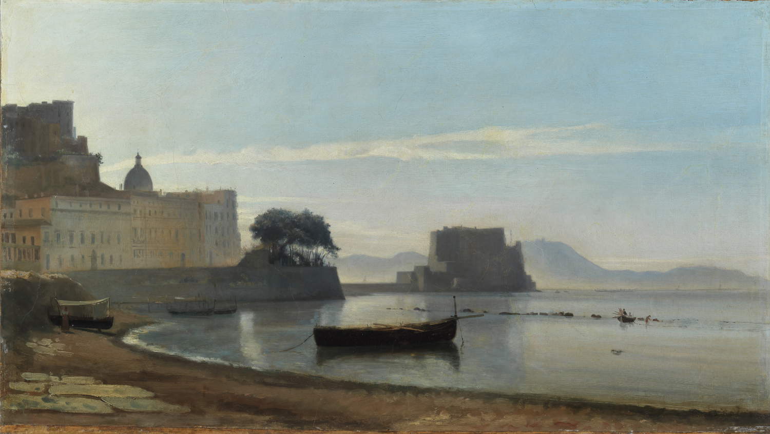 Jean Baptiste Camille Corot, La bahía de Nápoles con el Castel dell&rsquo;Ovo (1828; óleo sobre papel montado sobre tabla, 34,2 x 60 cm; Nápoles, Museo y Real Bosco de Capodimonte)