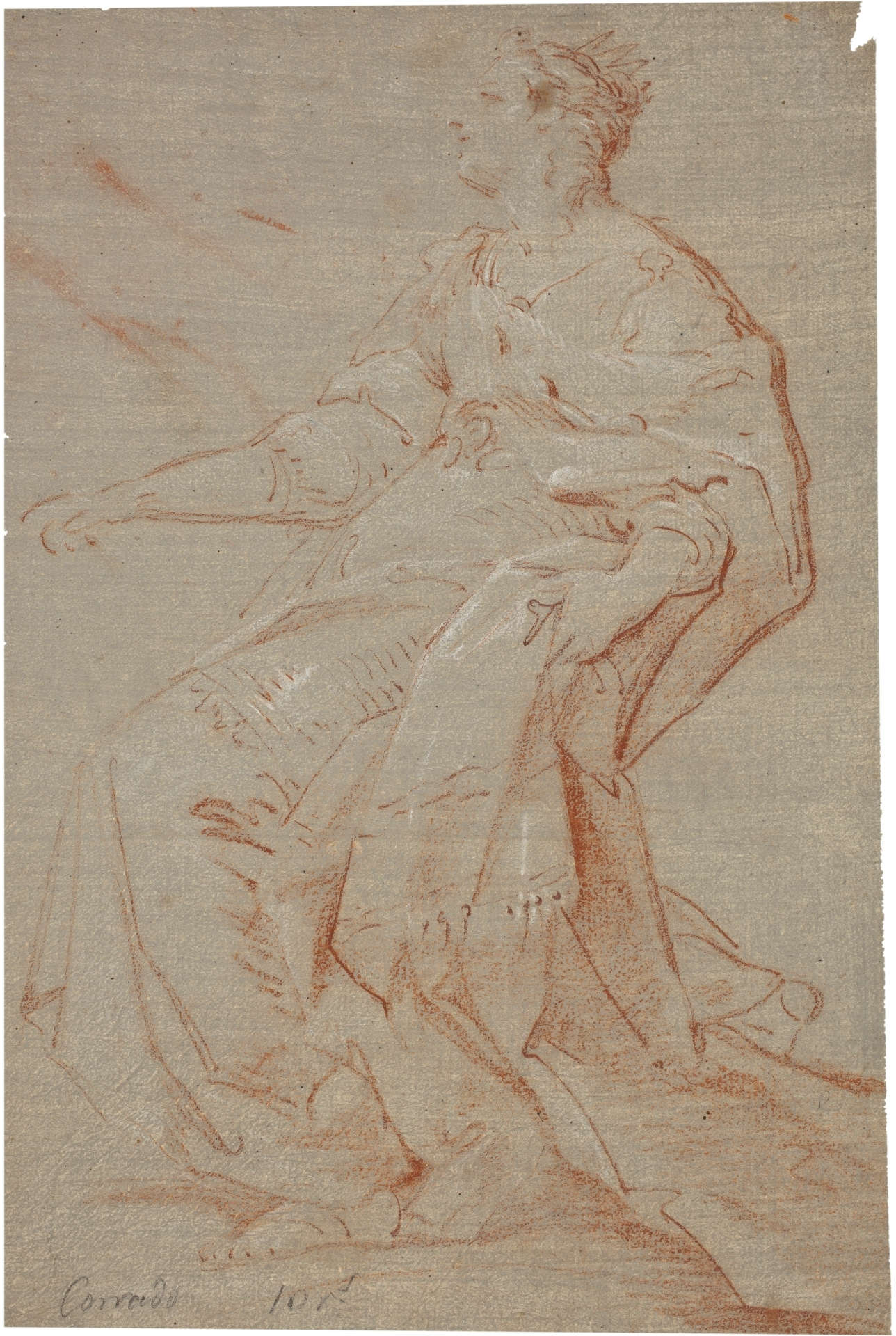 Corrado Giaquinto, Die kniende Heilige Katharina, von links gesehen (ca. 1760–1762; roter Bleistift und Bleiweiß auf grau grundiertem Papier, 263 &times; 173 mm; Madrid, Prado, Inv. D1190)