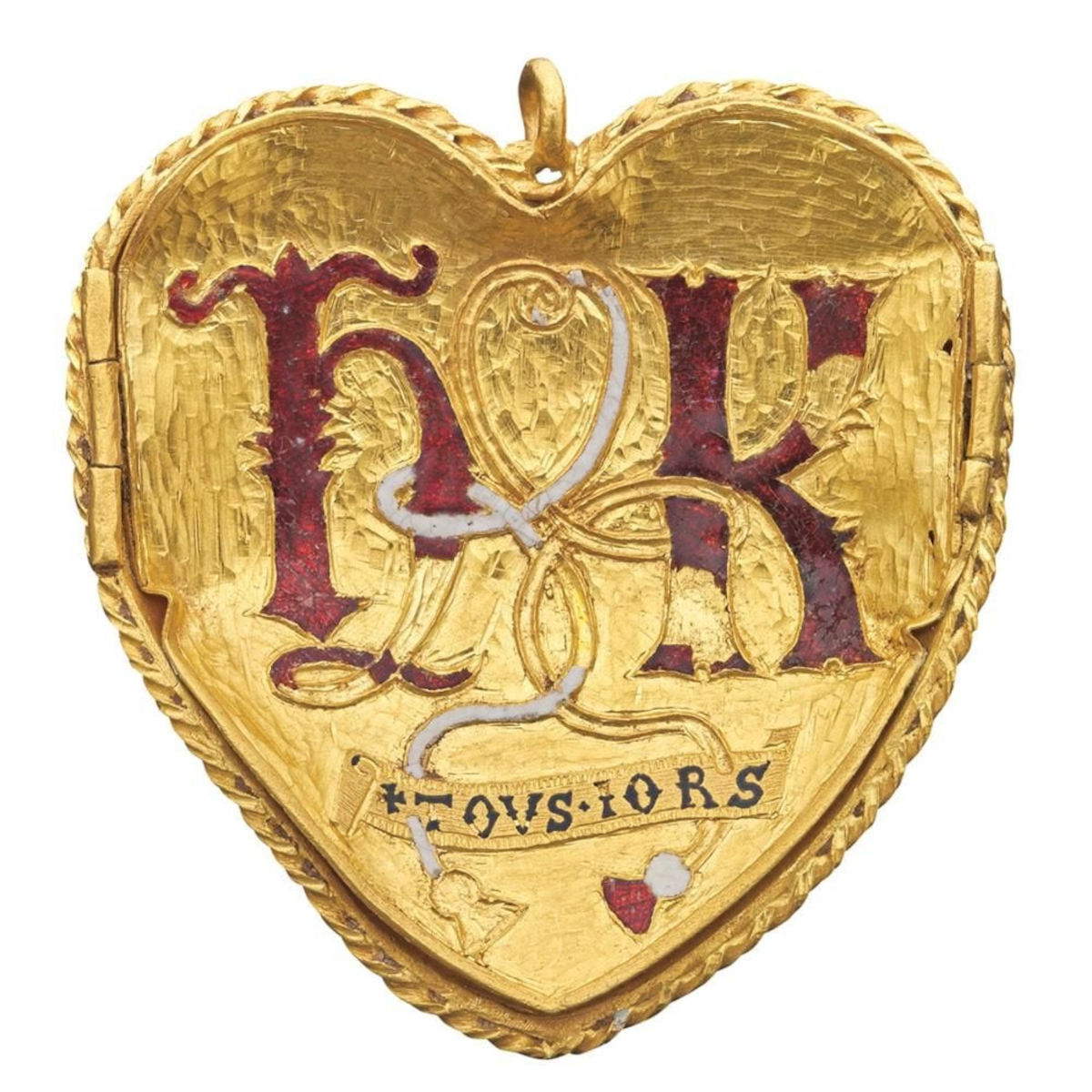 The back of the Tudor Heart decorated with the initials of Henry and Catherine (1509-1533; enameled gold; Warwickshire, England) Photo: &copy; Birmingham Museums Trust.