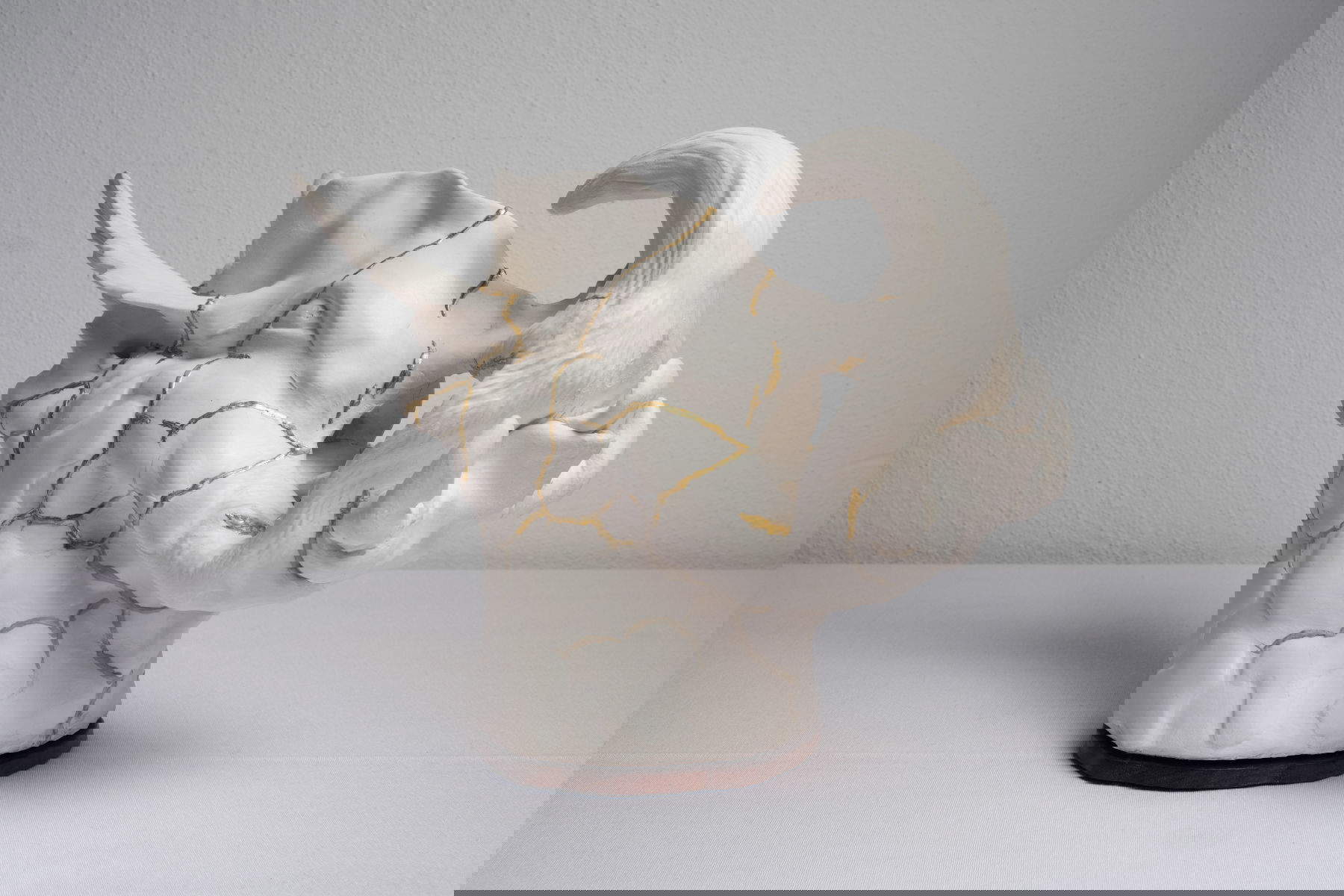 Dario Ghibaudo, Museum of Unnatural History, Room XVIII Marvelous Creatures, RINO CUM CAPITE INANIS (2017; molded porcelain and gold, first fire. Hot wax finish. Wooden base, 37 x 12 x h 24 cm)