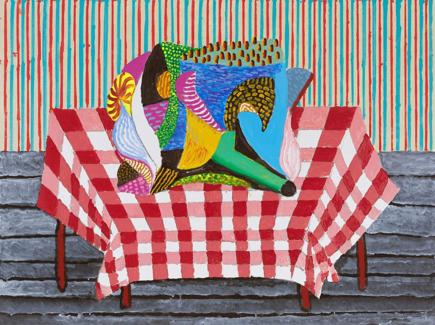 David Hockney, Abstraction Leaning on a Red and White Checkered Tablecloth (2025; acrylic on canvas, 91.4 x 121.9 cm) &copy; David Hockney. Photo: Prudence Cuming