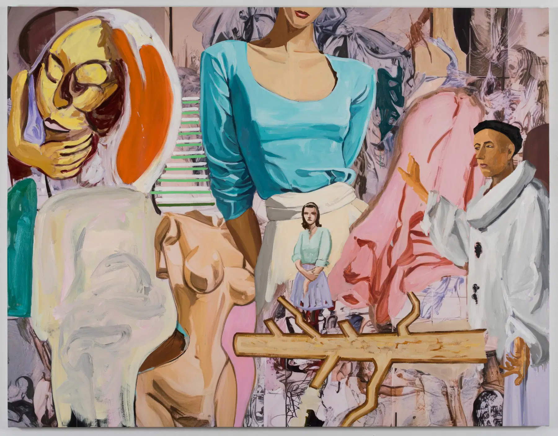 David Salle, Mime (2026; olio, acrilico, Flashe e carboncino su stampa UV su lino, 182,9 x 236,2 x 3,8 cm). &copy; David Salle / ARS New York. Su concessione di Thaddaeus Ropac gallery. Foto: John Berens