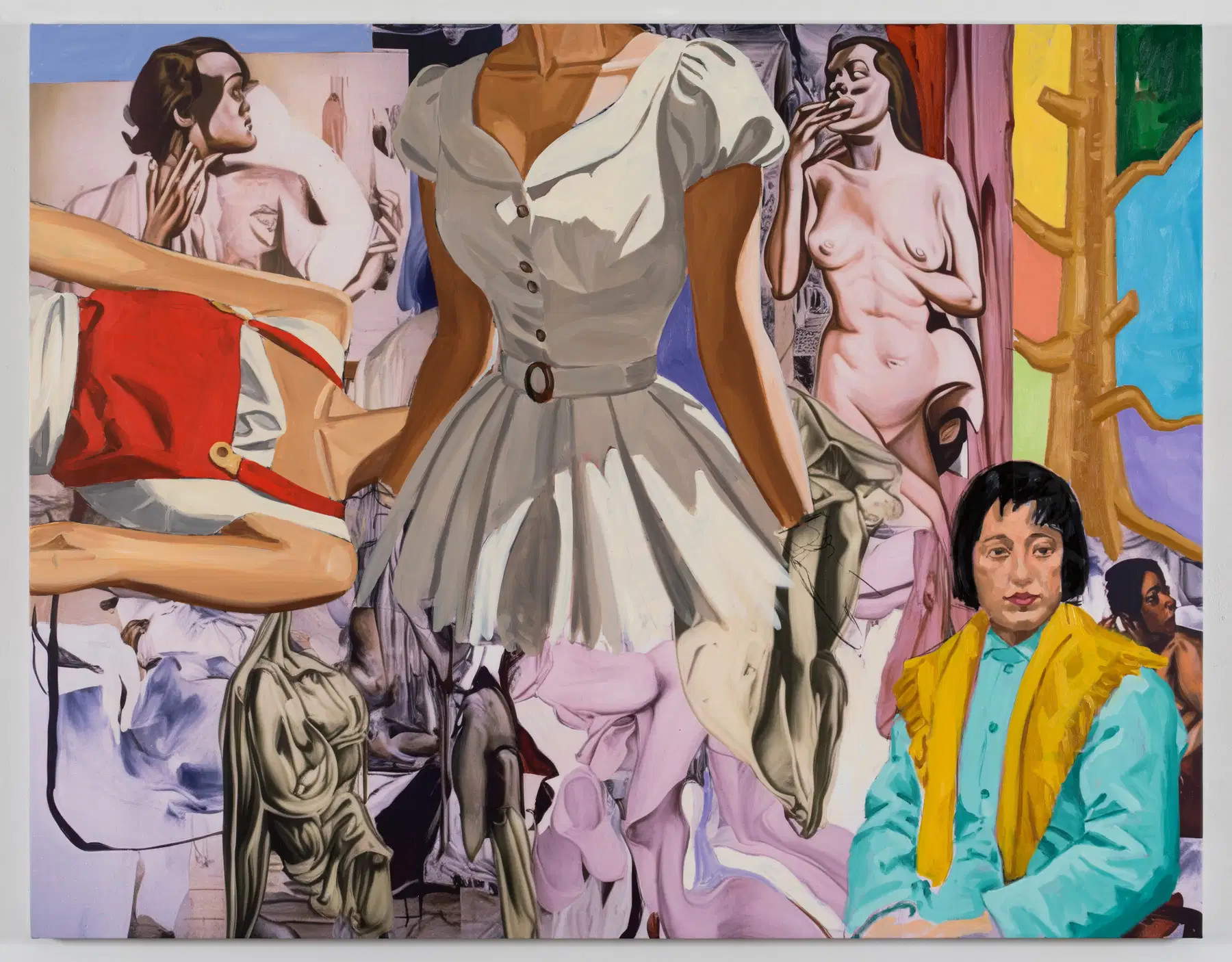 David Salle, Yellow Shawl (2025-2026; olio, acrilico, Flashe e carboncino su stampa UV su lino, 152,4 x 195,6 cm). &copy; David Salle / ARS New York. Su concessione di Thaddaeus Ropac gallery. Foto: John Berens