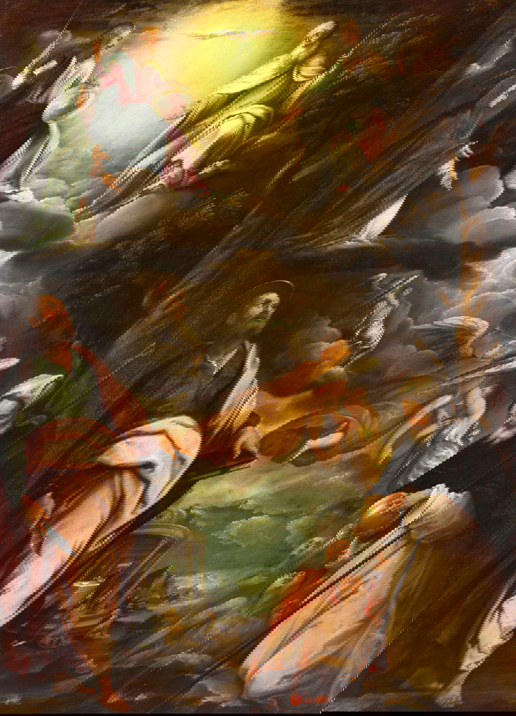 Domenico Carpinoni, Die Madonna der Suffragette betet zur Heiligen Dreifaltigkeit, assistiert vom Heiligen Bartholomäus und einem Jünger (um 1646-47; Öl auf Leinwand, 200 x 132 cm; Villa d'Ogna, Kirche St. Matthäus der Evangelist)