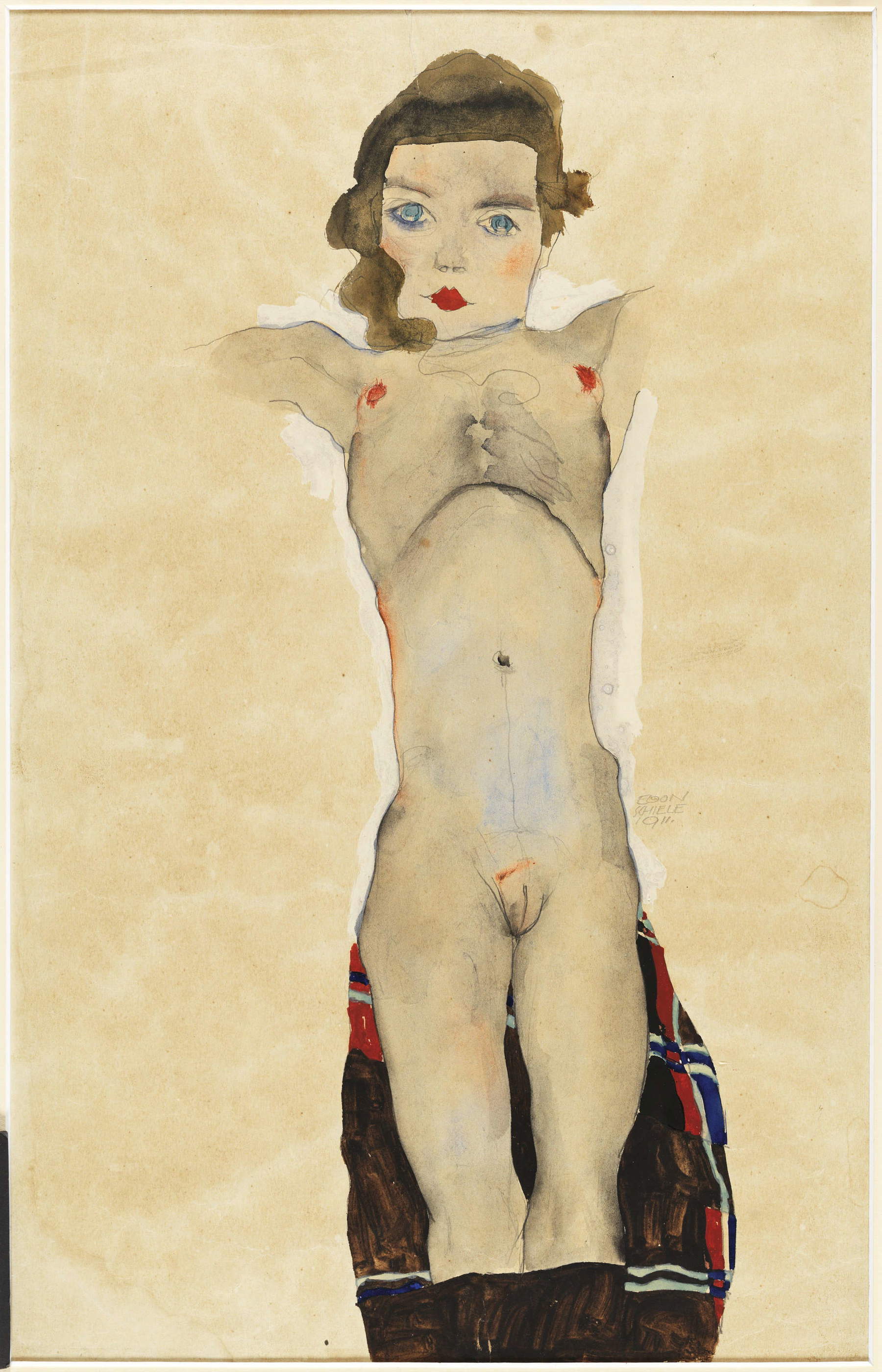 Egon Schiele, Desnudo recostado con los brazos detrás de la espalda (1911; acuarela, gouache y lápiz sobre papel, 480 x 315 mm; Madrid, Museo Nacional Thyssen-Bornemisza, Inv. 738 - 1977.11)
