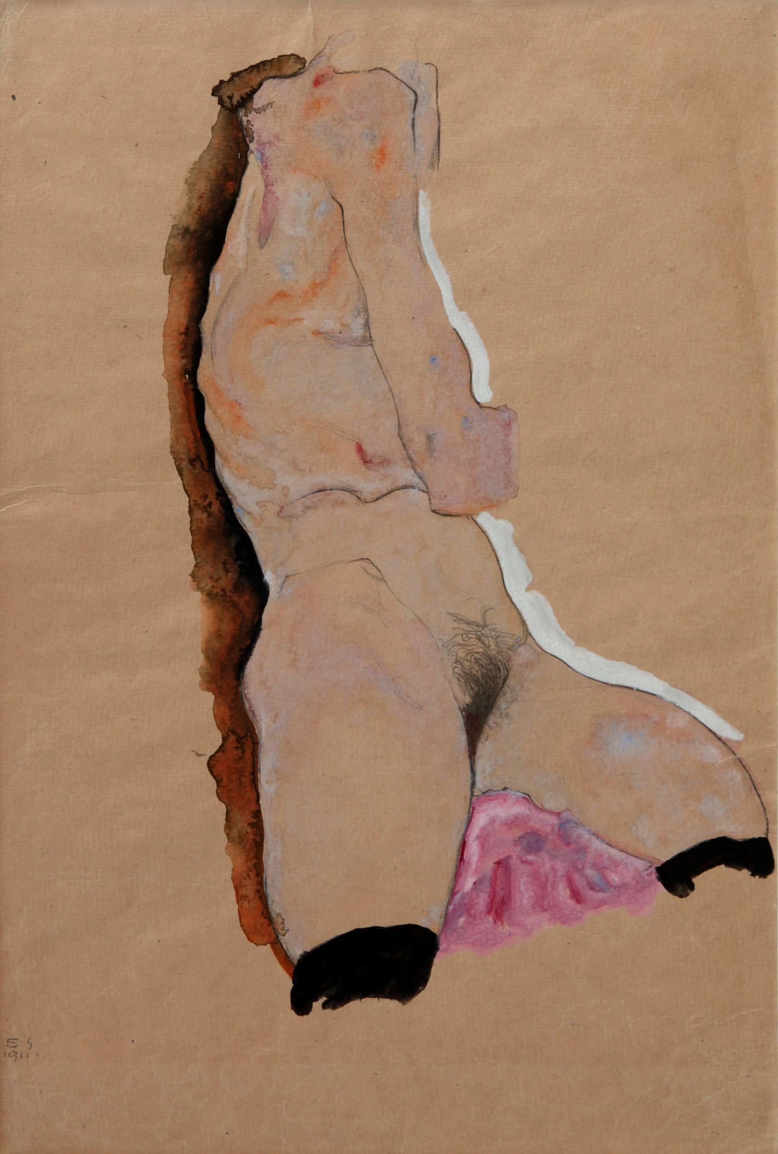 Egon Schiele, Desnudo (Torso femenino) (1911; lápiz y acuarela sobre papel, 449 &times; 310 mm; Venecia, Fundación de Museos Cívicos de Venecia, n.º de inventario 4770, donación de Paul Prast, 2020)