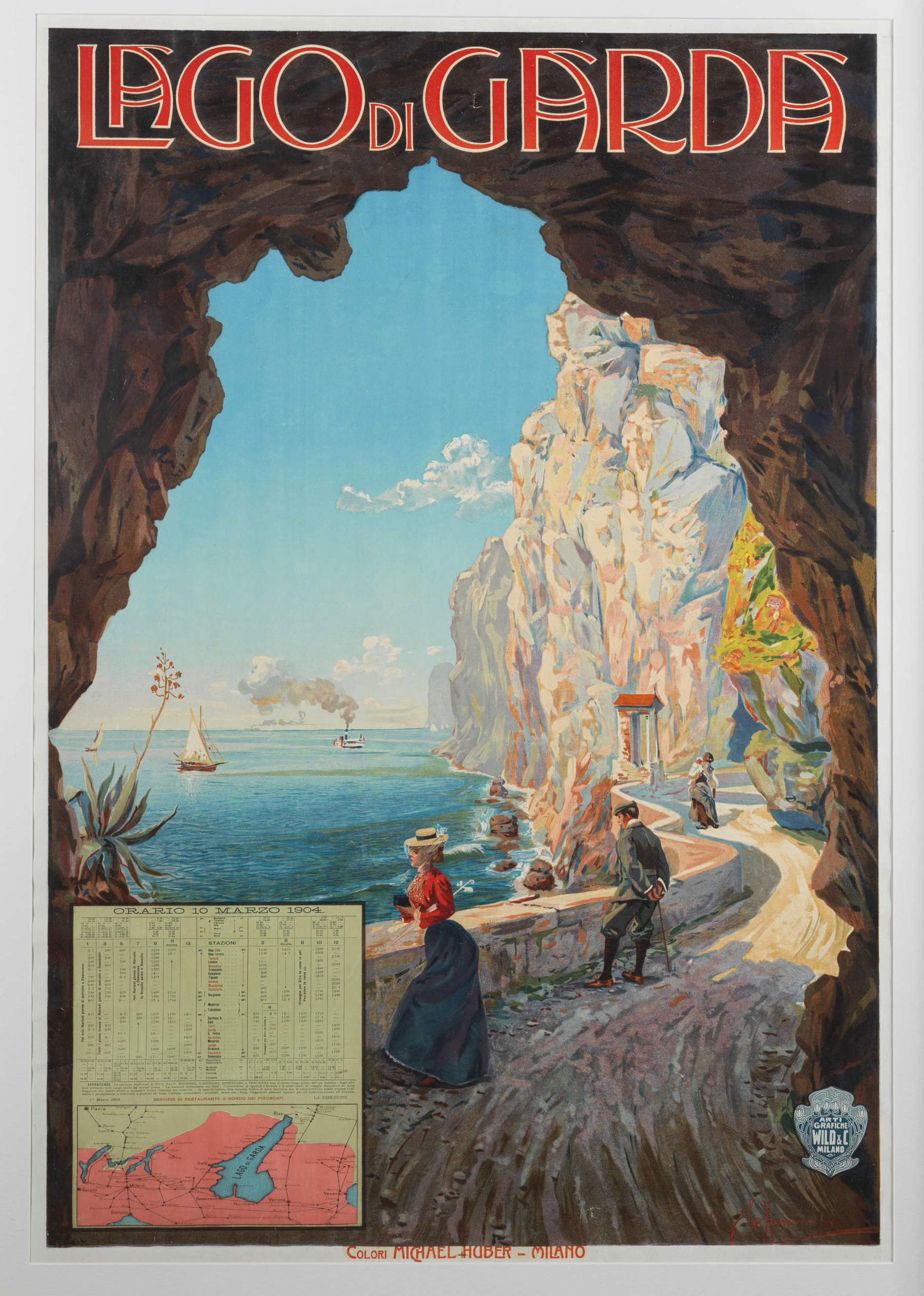 Elio Ximenes, Lago de Garda (Arti Grafiche Wild &amp; C., Milán, 1904; cromolitografía sobre papel, 98,5 x 69 cm; Asociación Manifestazioni Rivane APS)